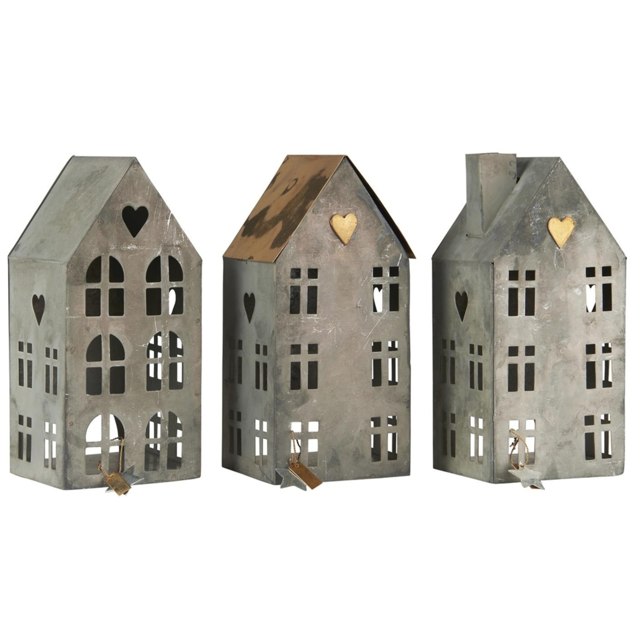 Metall Teelichthäuser Stillenat 3er Set, grau 8 x 7 x 17.5 cm