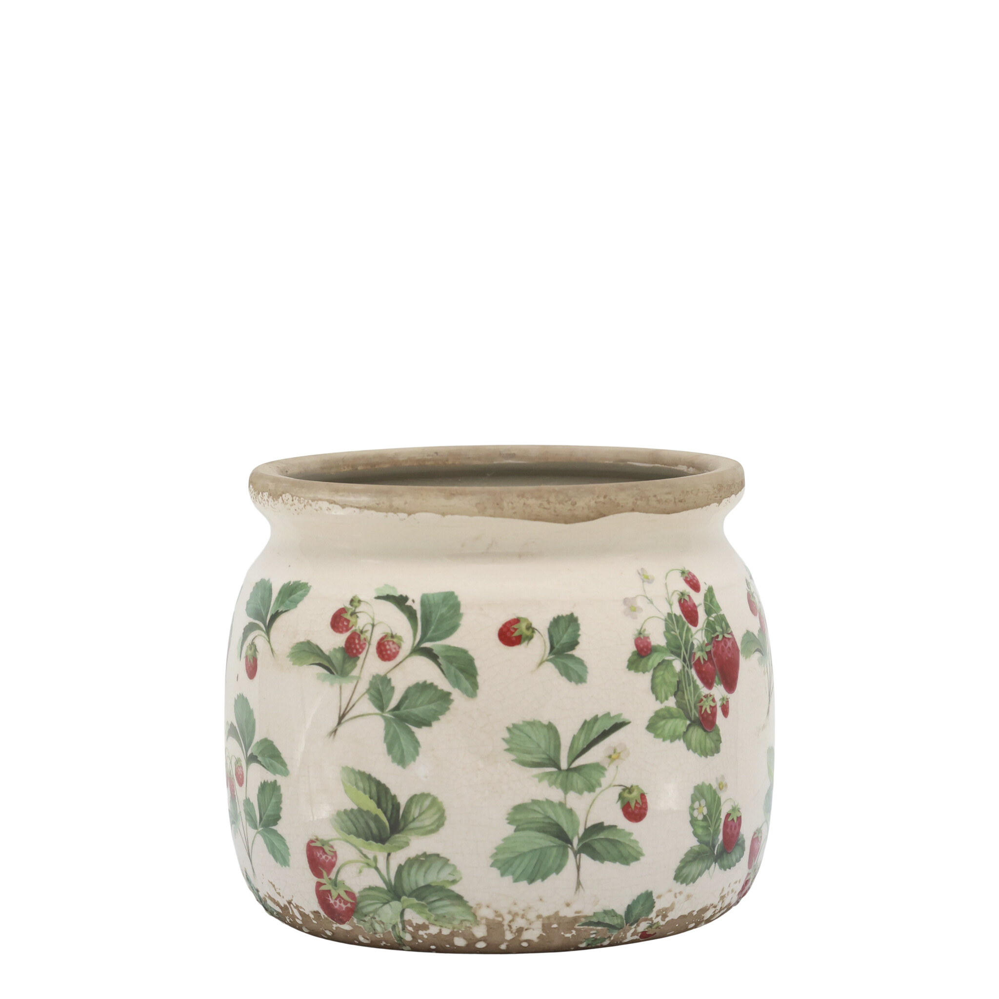 Chic Antique Übertopf Fraises – Keramik-Blumentopf mit Erdbeermuster, creme 13 cm, Ø 15,5 cm