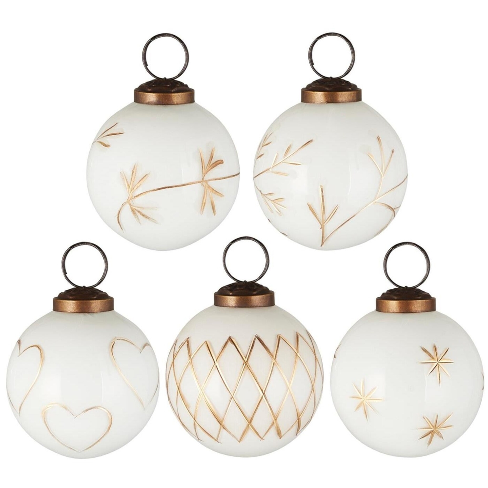 Große Weihnachtskugeln 5er-Set mit goldfarbener Eingravierung, weiss Höhe 7, Ø 6.3 cm