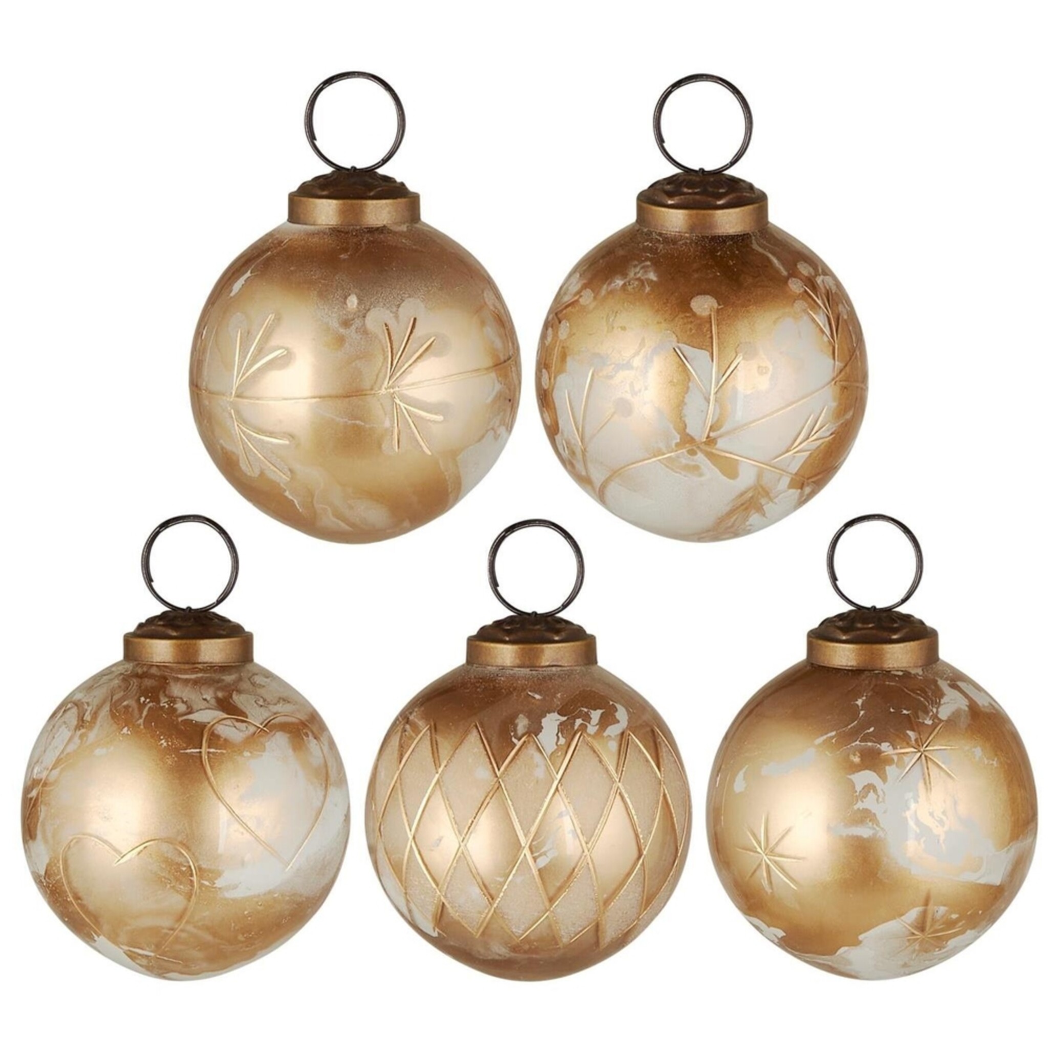Große Weihnachtskugeln 5er-Set mit goldfarbener Eingravierung, messing Höhe 7, Ø 6.3 cm