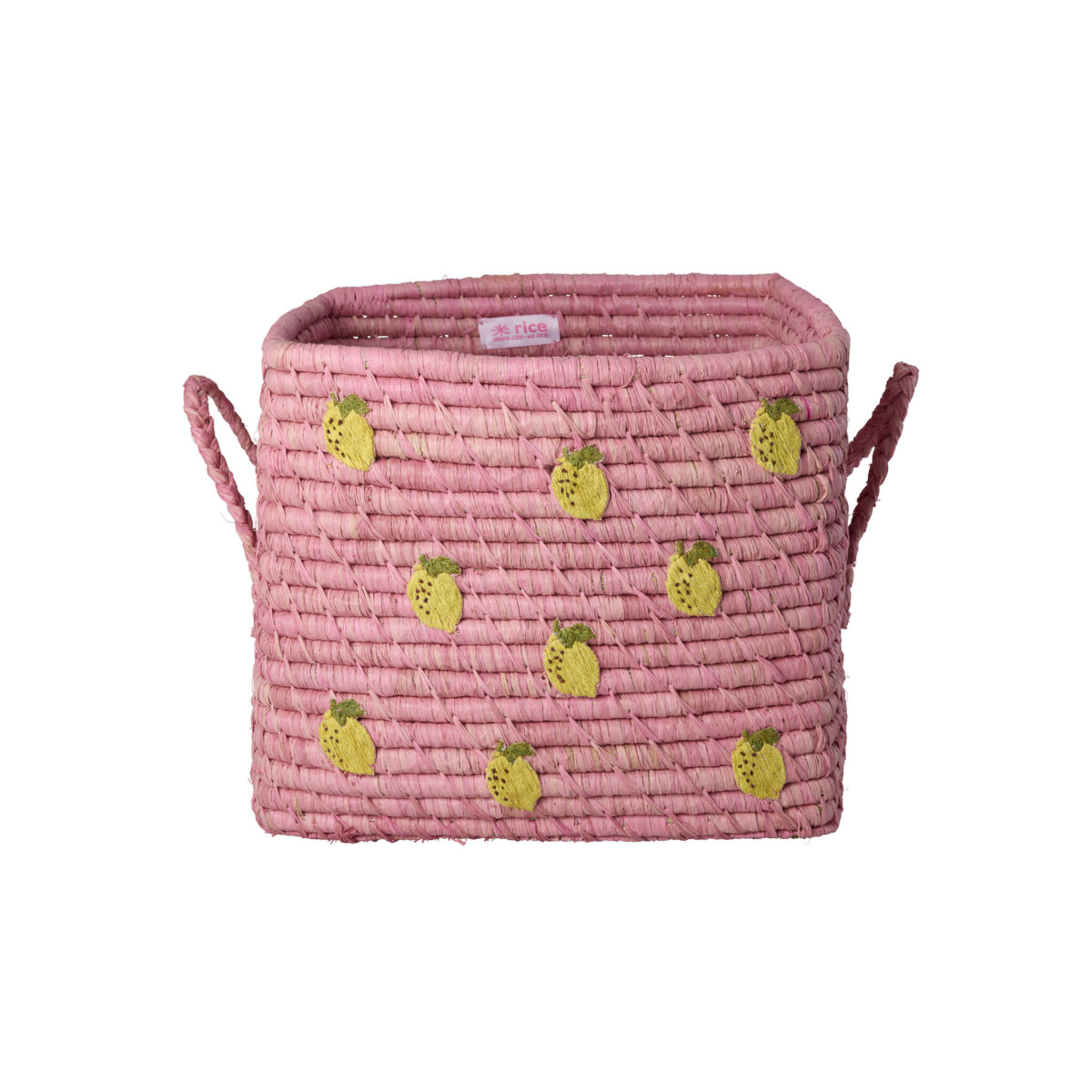 Quadratischer Raffia Korb mit Zitronen-Stickerei, pink 