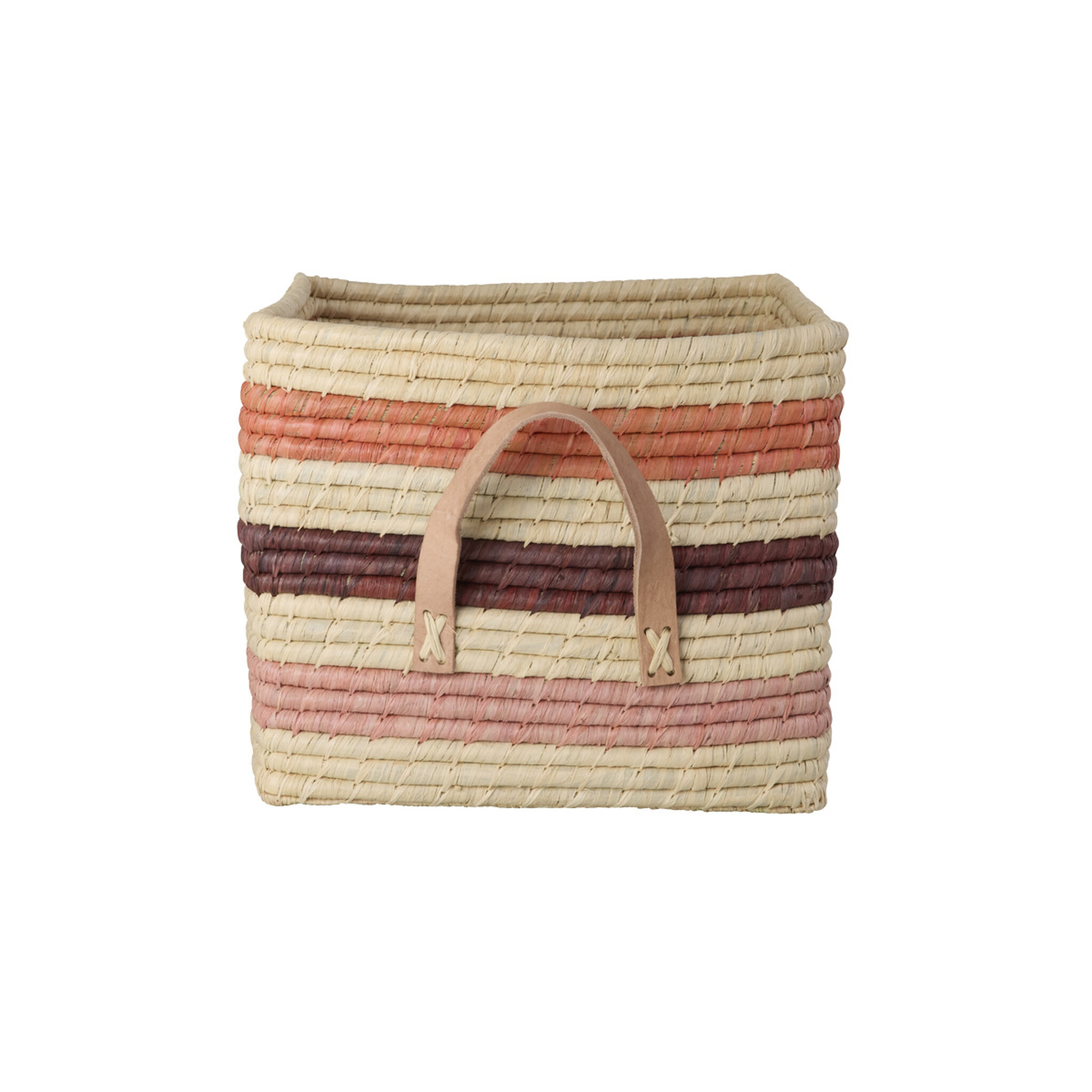 Quadratischer Raffia Korb mit bunten Streifen und Ledergriffen, braun 