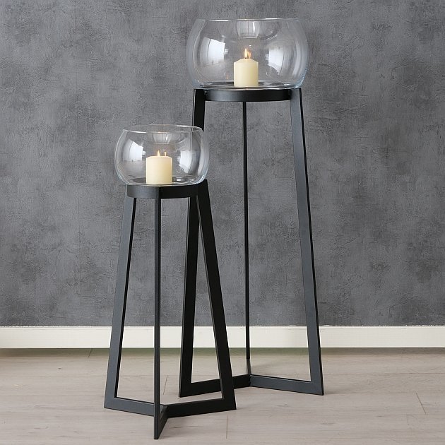 2er Set Windlicht Sola mit Ständer, schwarz 