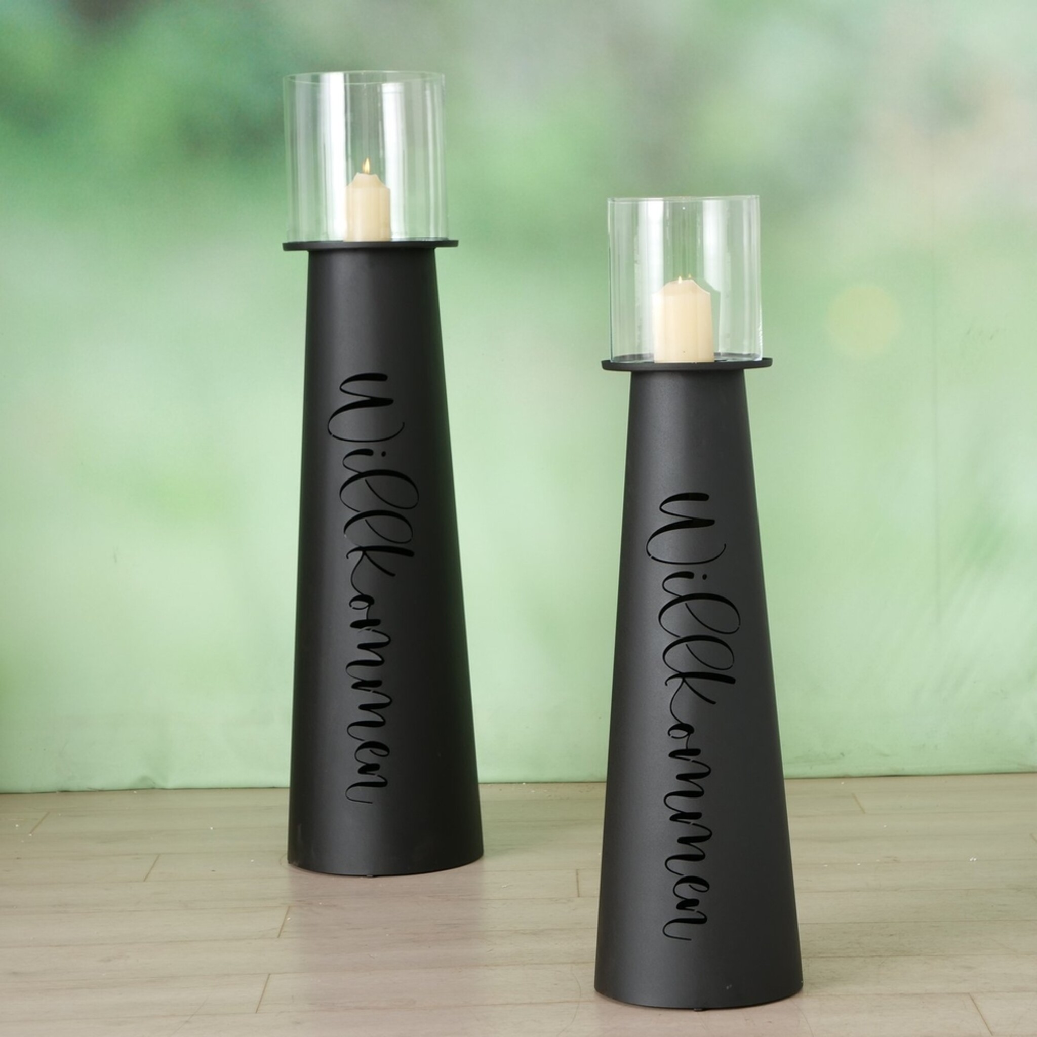 Windlicht Willkommen aus Eisen, 2er Set, schwarz 