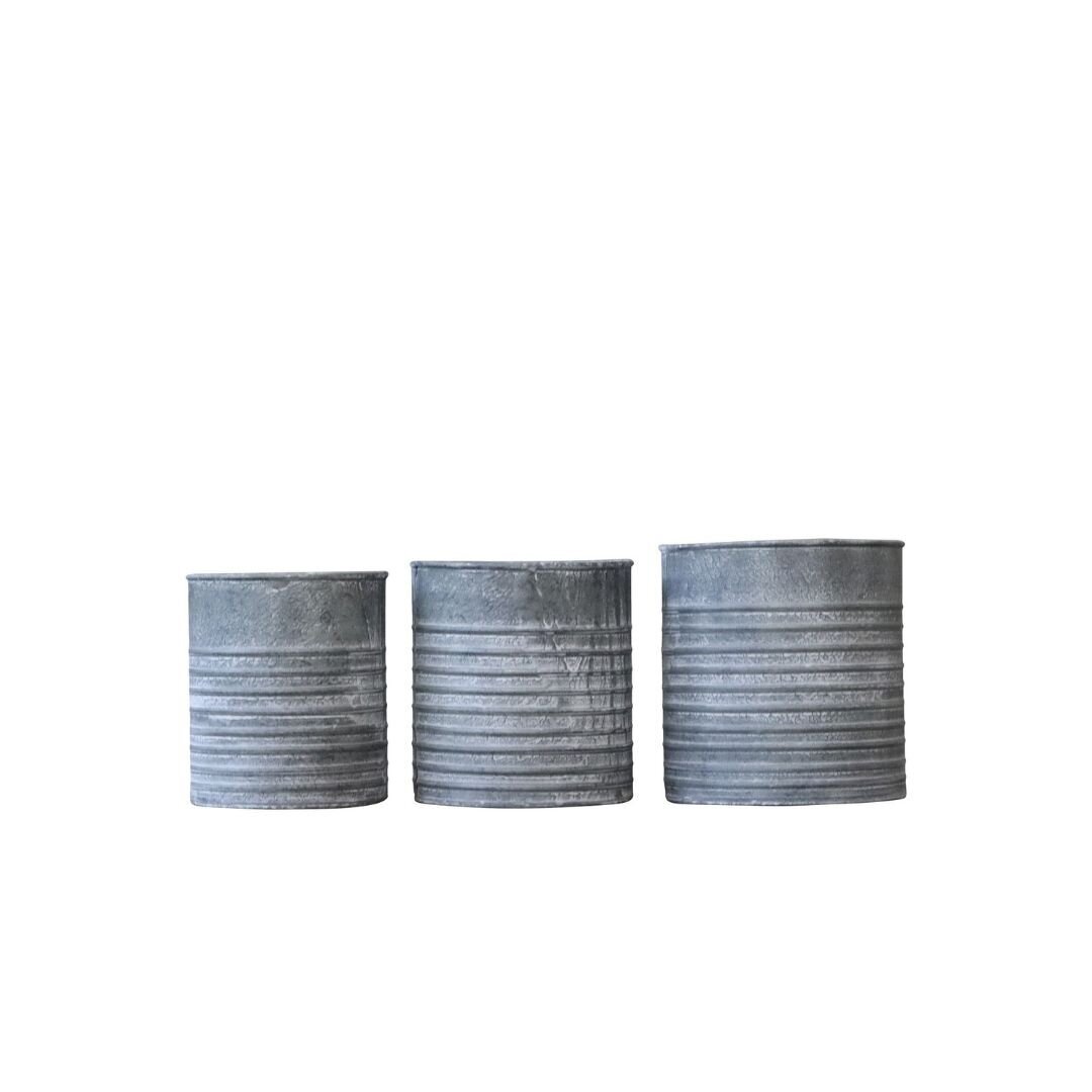 3er Set Blumentopf mit horizontalen Rillen, grau 