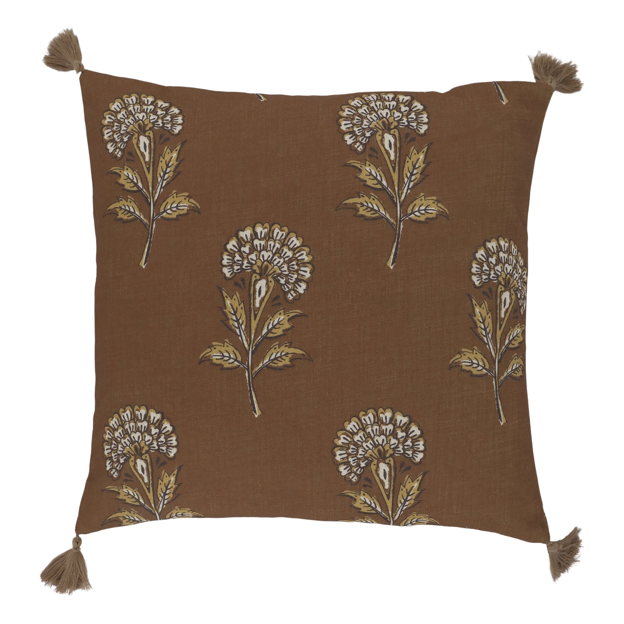 Aix Kissenbezug Blumenmotiv mit Quasten, dunkelbraun 