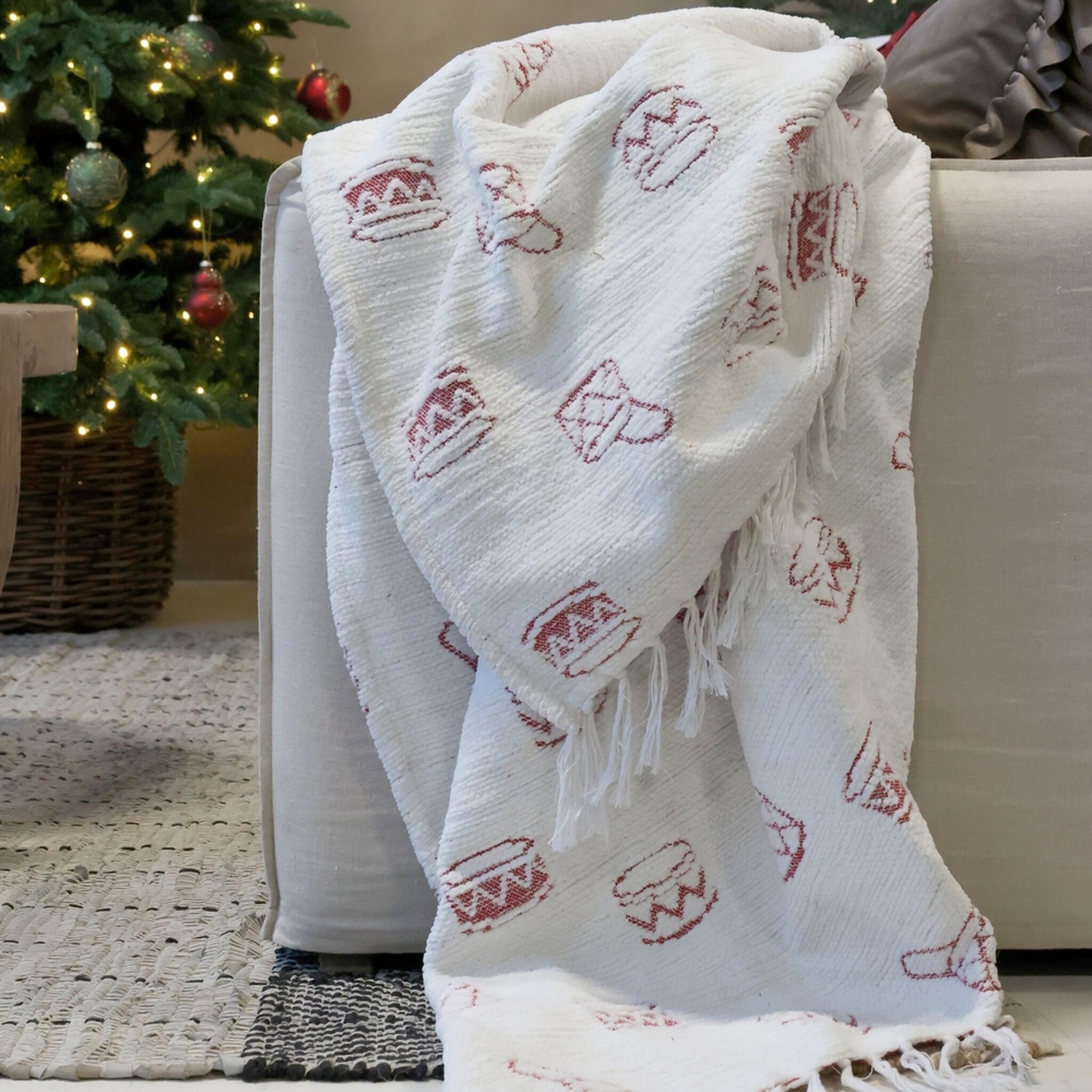 Aix Plaid Chenille mit Trommeln Creme & Rot, creme 