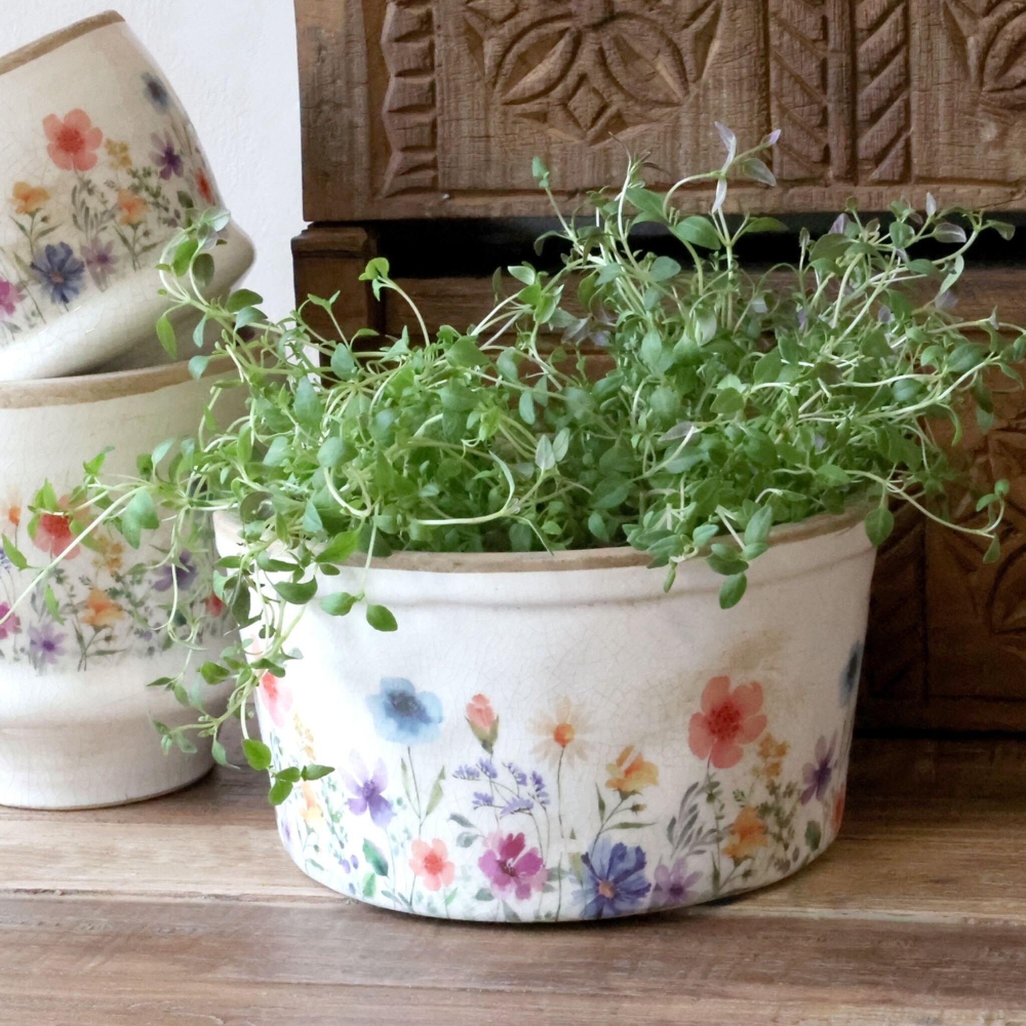 Breiter Keramik-Pflanztopf Fleurville, creme 