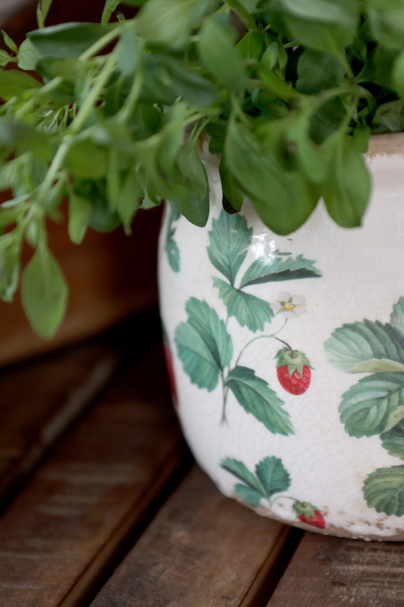 Chic Antique Übertopf Fraises – Keramik-Blumentopf mit Erdbeermuster, creme 13 cm, Ø 15,5 cm