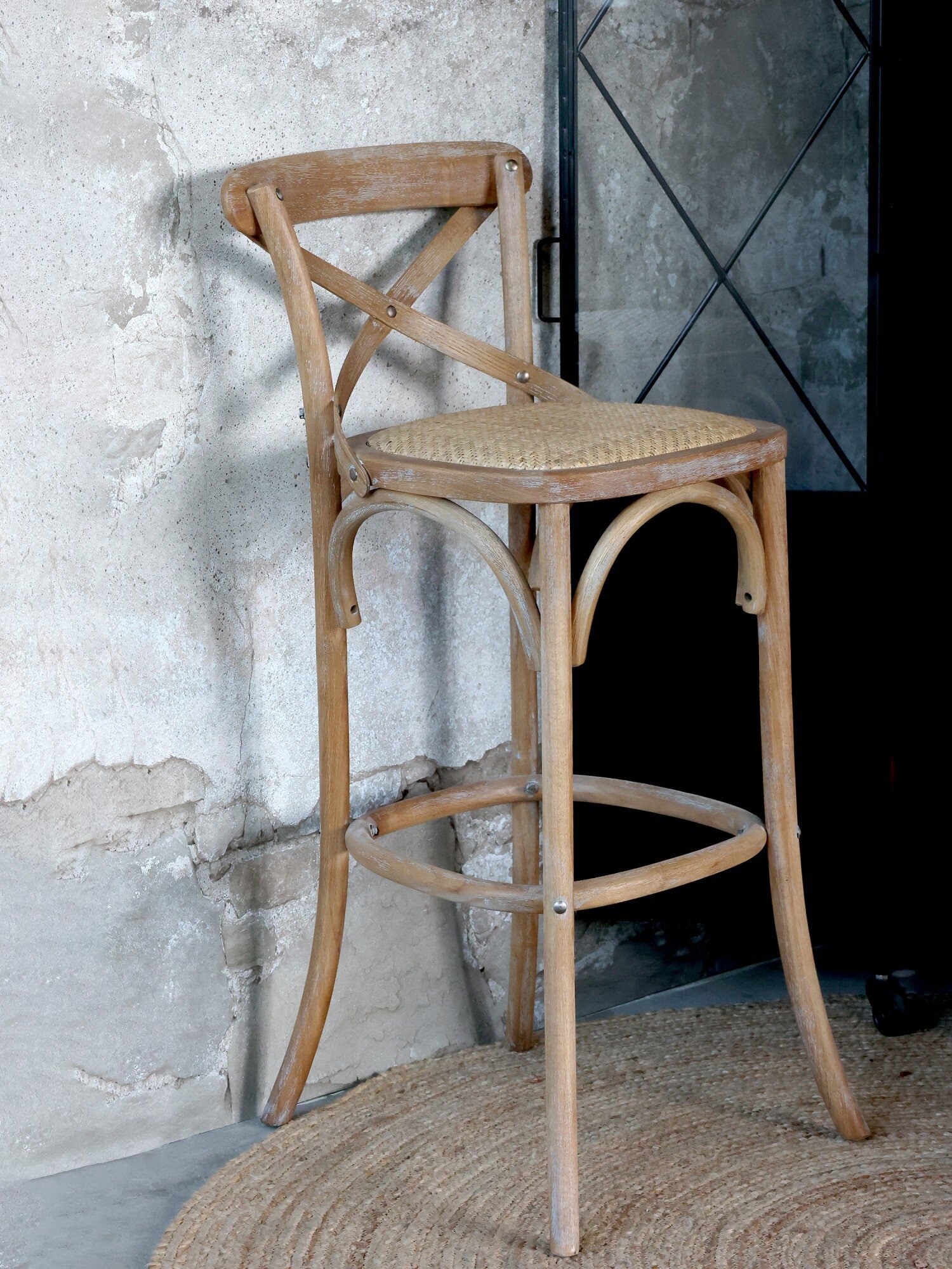 Französischer Barhocker mit Geflechtsitz, natur 