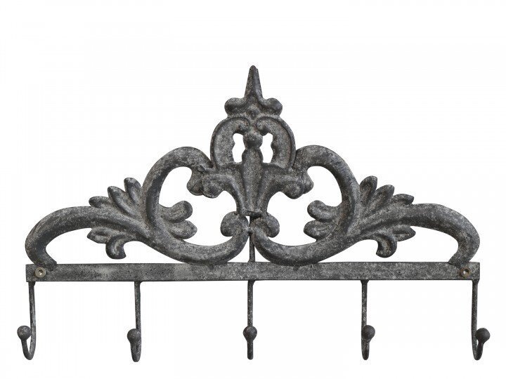 Hakenleiste mit Dekor und 5 Haken, antique zink 
