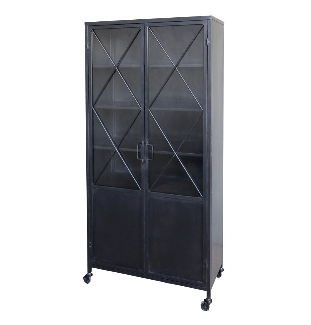 Industrial Vitrinenschrank Factory Rädern mit Glastüren, schwarz 