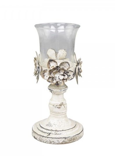 Chic Antique Kerzenständer mit Blumendekor, antik creme H24,5/D12 cm