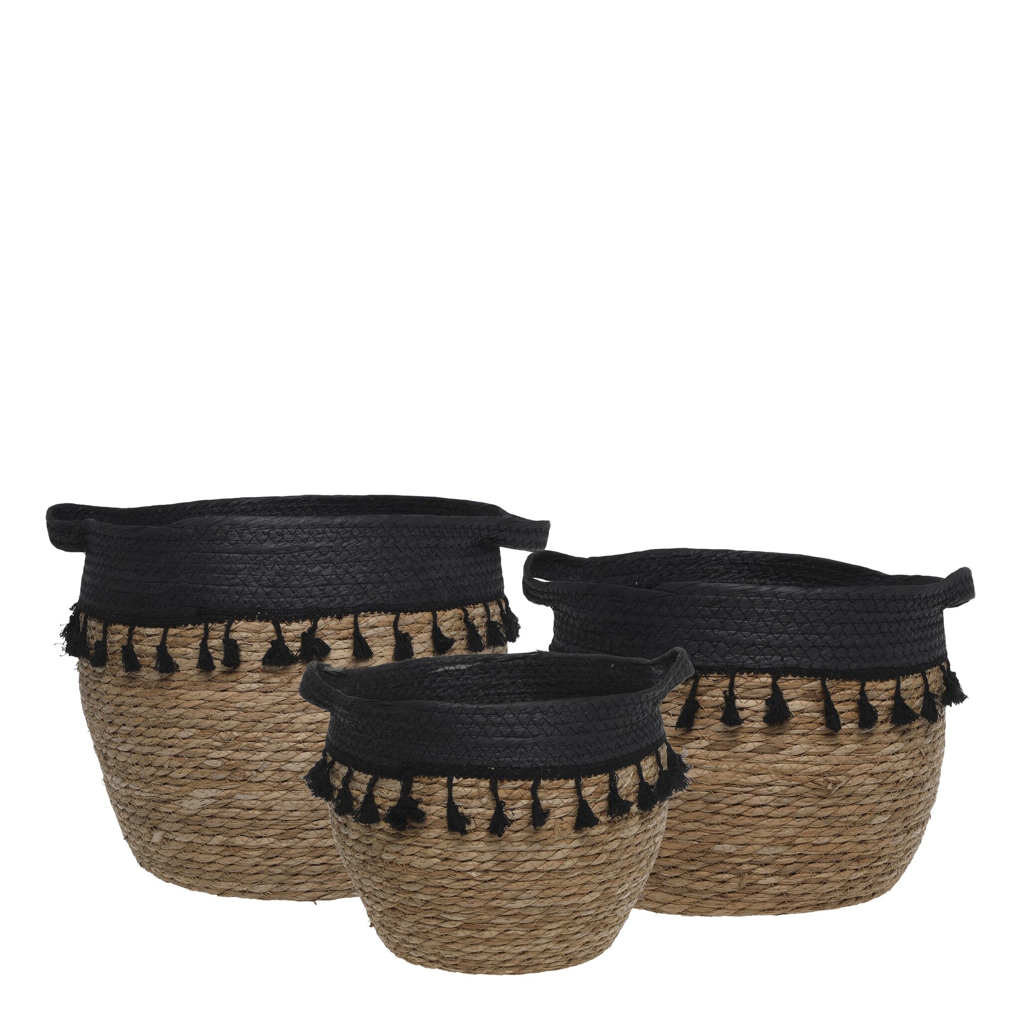 Körbe mit schwarzen Fransen 3er Set, natur 