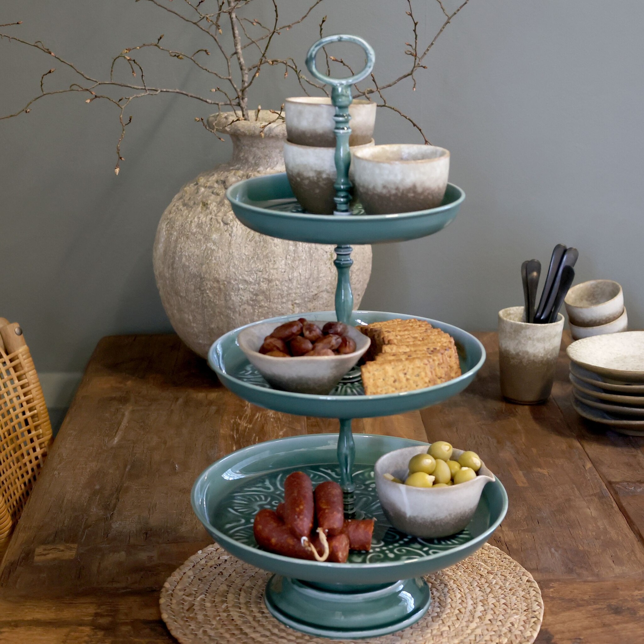 Landhaus Etagere mit Tabletts, forest green Höhe 58, Ø 31 cm