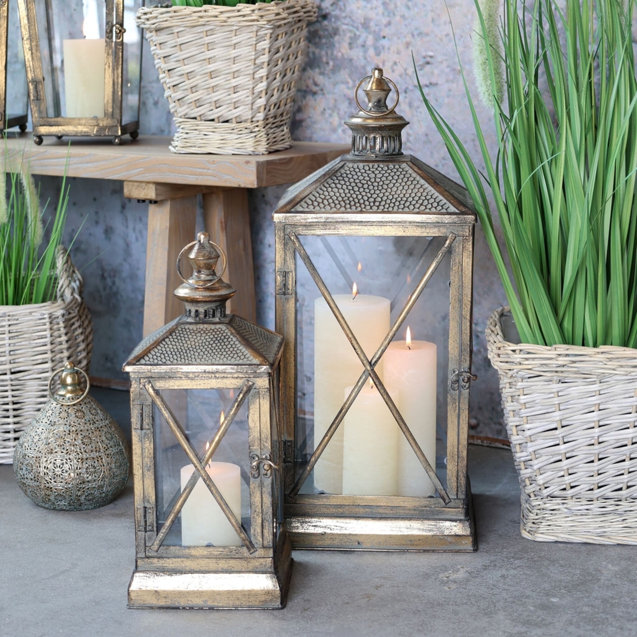 Chic Antique Laternen-Set im Französischen Landhausstil, messing 