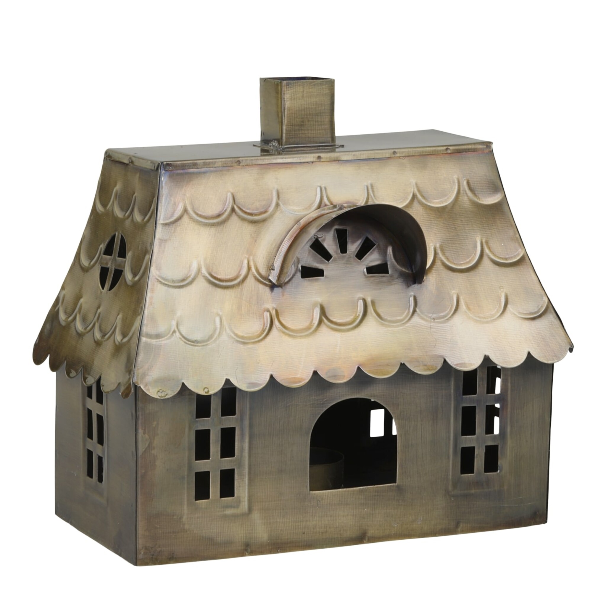 Lichthaus Doppelhaus aus Metall, antique messing 