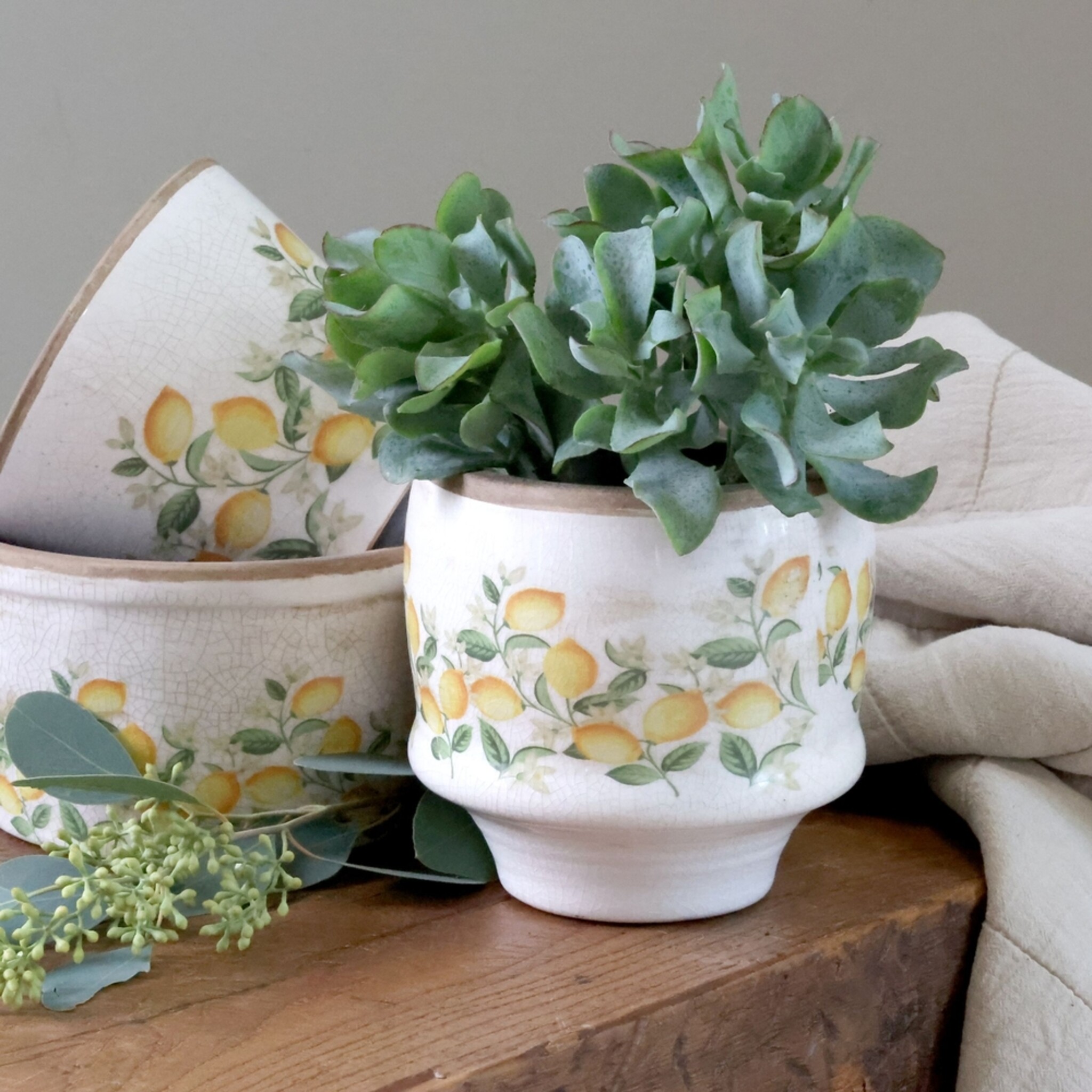 Chic Antique Übertopf Limone Blossom – Vintage Keramik mit Zitronen & Blumen, creme 12,5 cm, Ø 13 cm