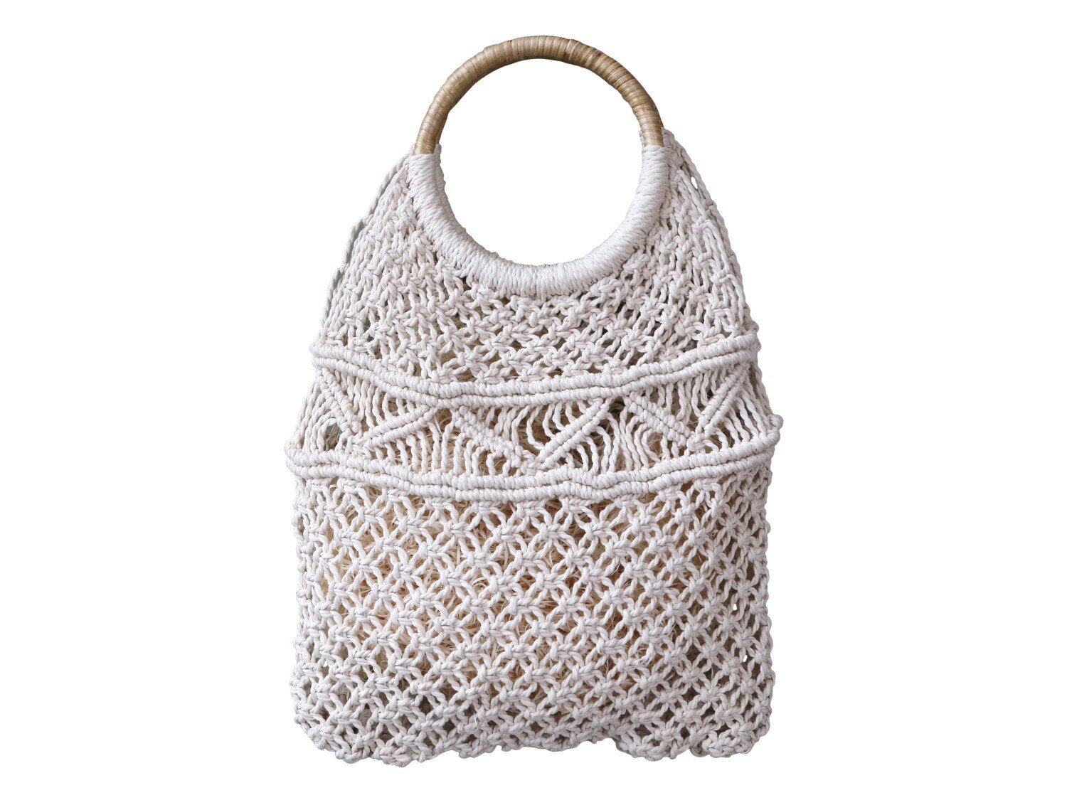 Netztasche gehäckelt mit Rattanhenkel, creme 