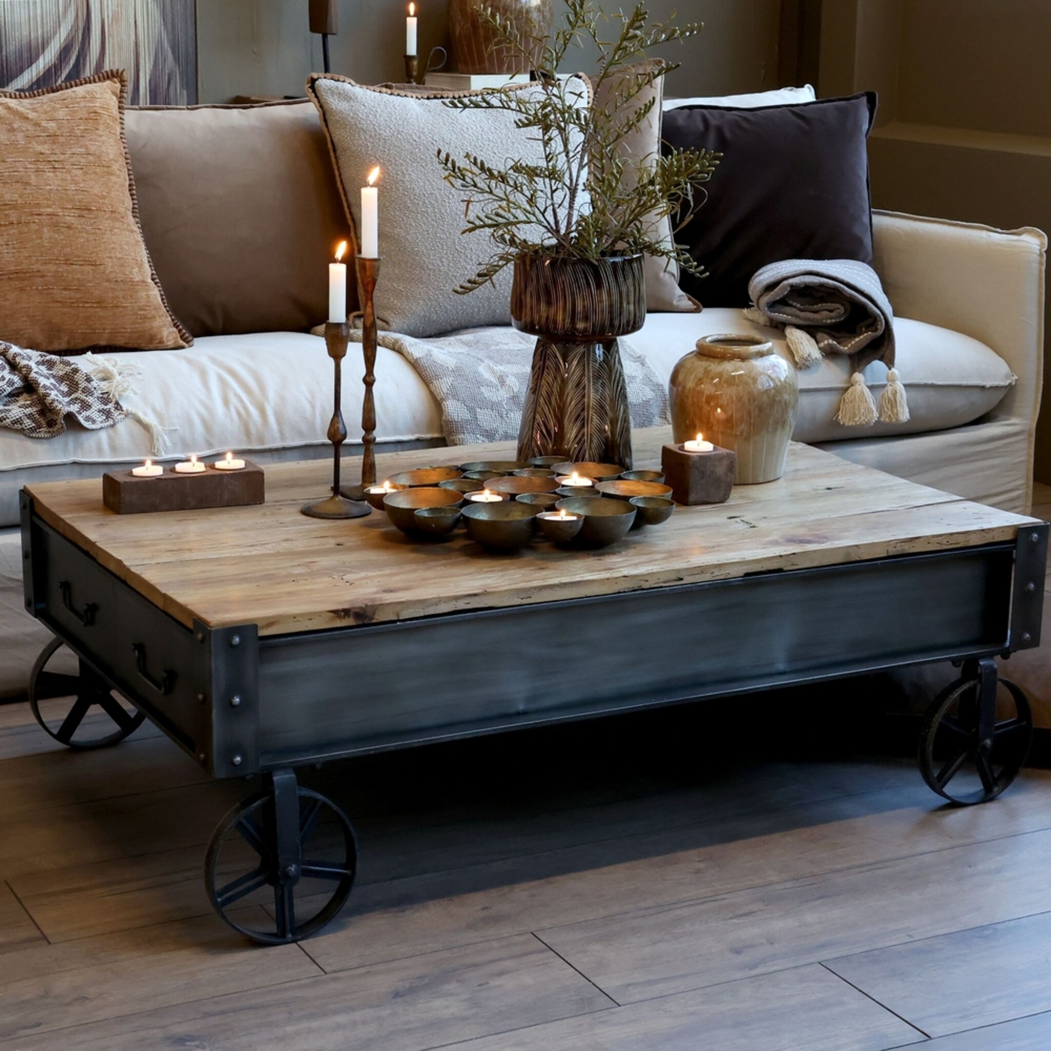Sofatisch mit Schublade Ulmenholz Schwarz & Natur, natur 