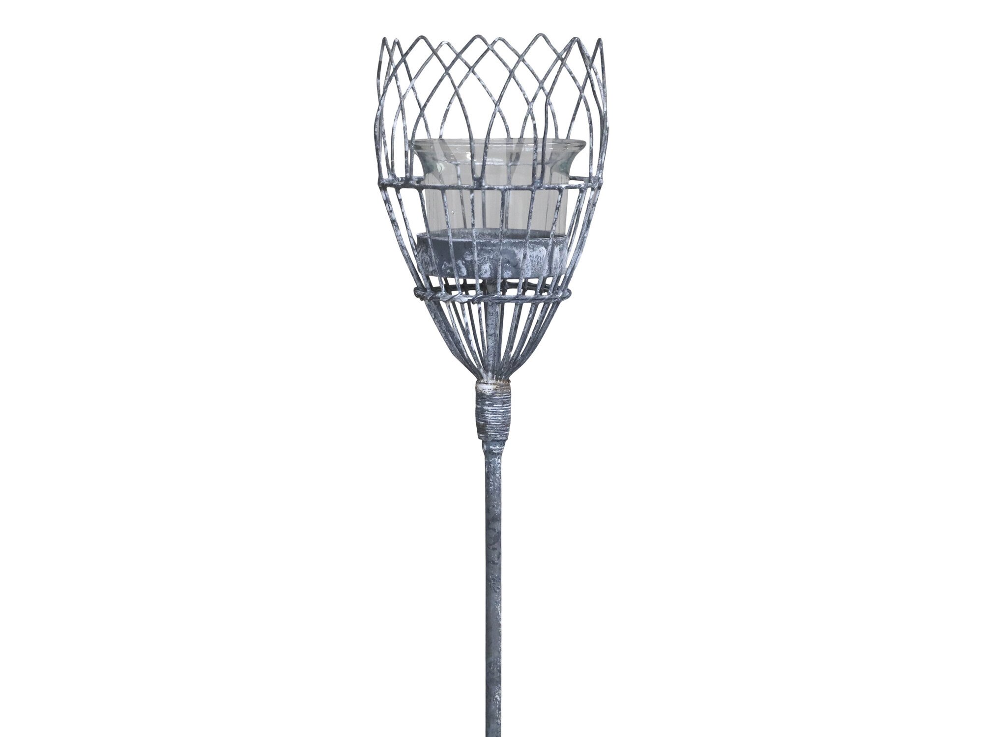 Spieß für Teelichthalter mit Glas aus Eisen, antik zink 