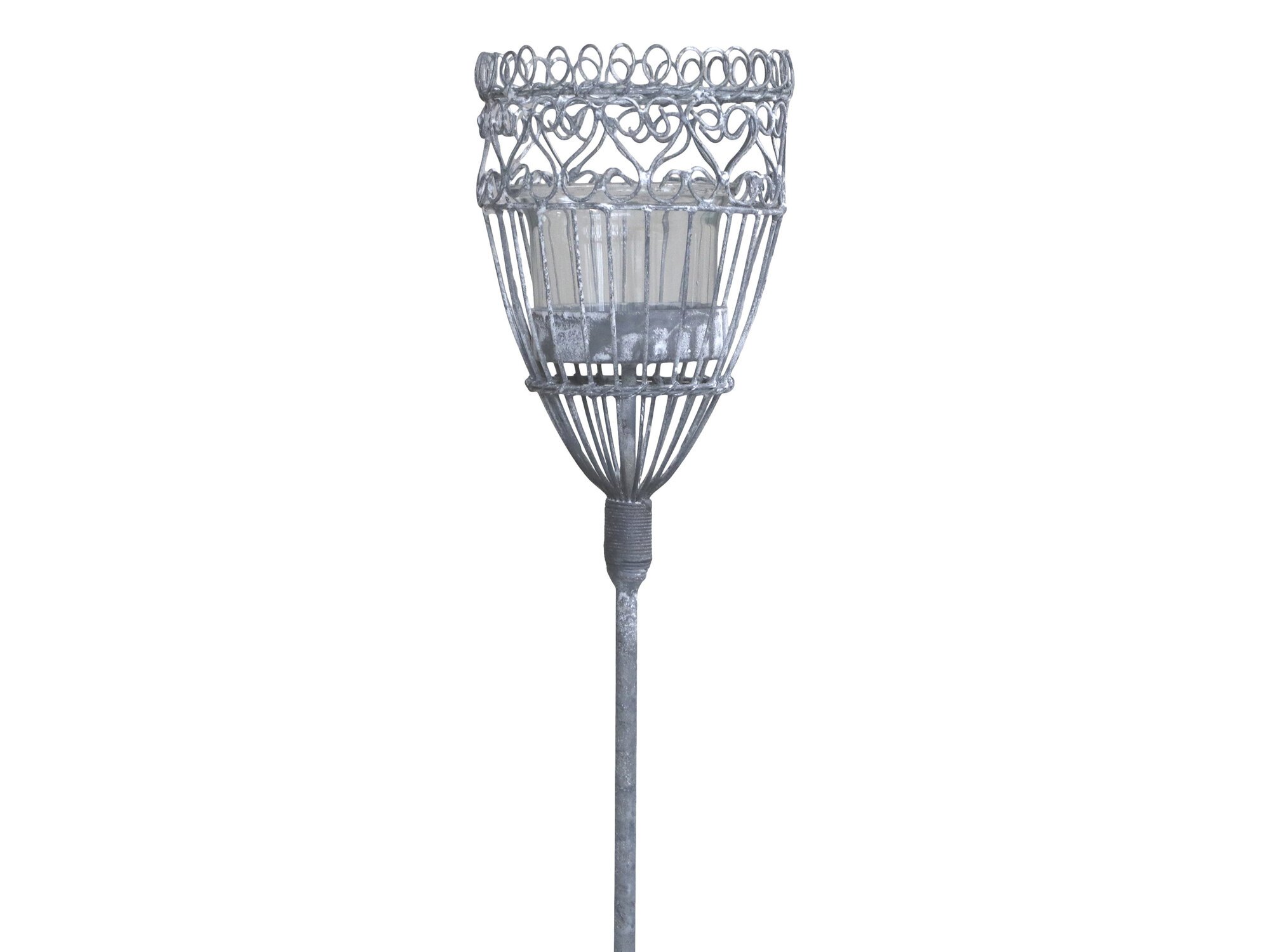 Spieß für Teelichthalter mit Glas aus Eisen, antik zink 