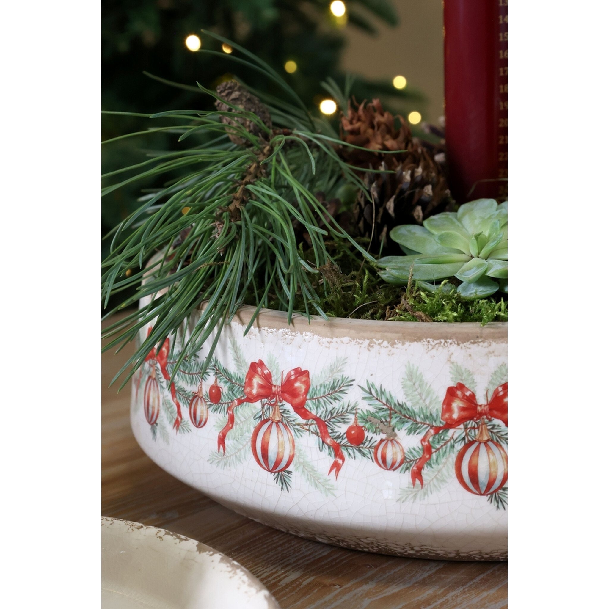 Steingut Tablett Schale mit Weihnachtskugel und Schleife