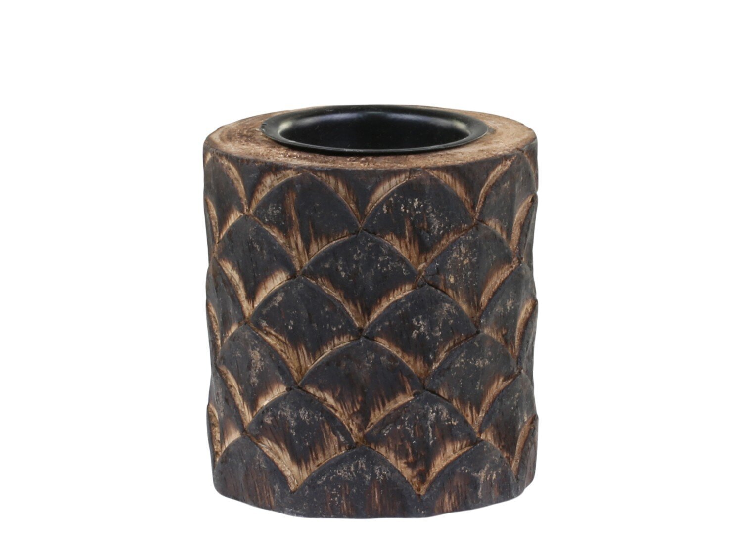 Teelichthalter Mangoholz mit Muster, antique kohle 