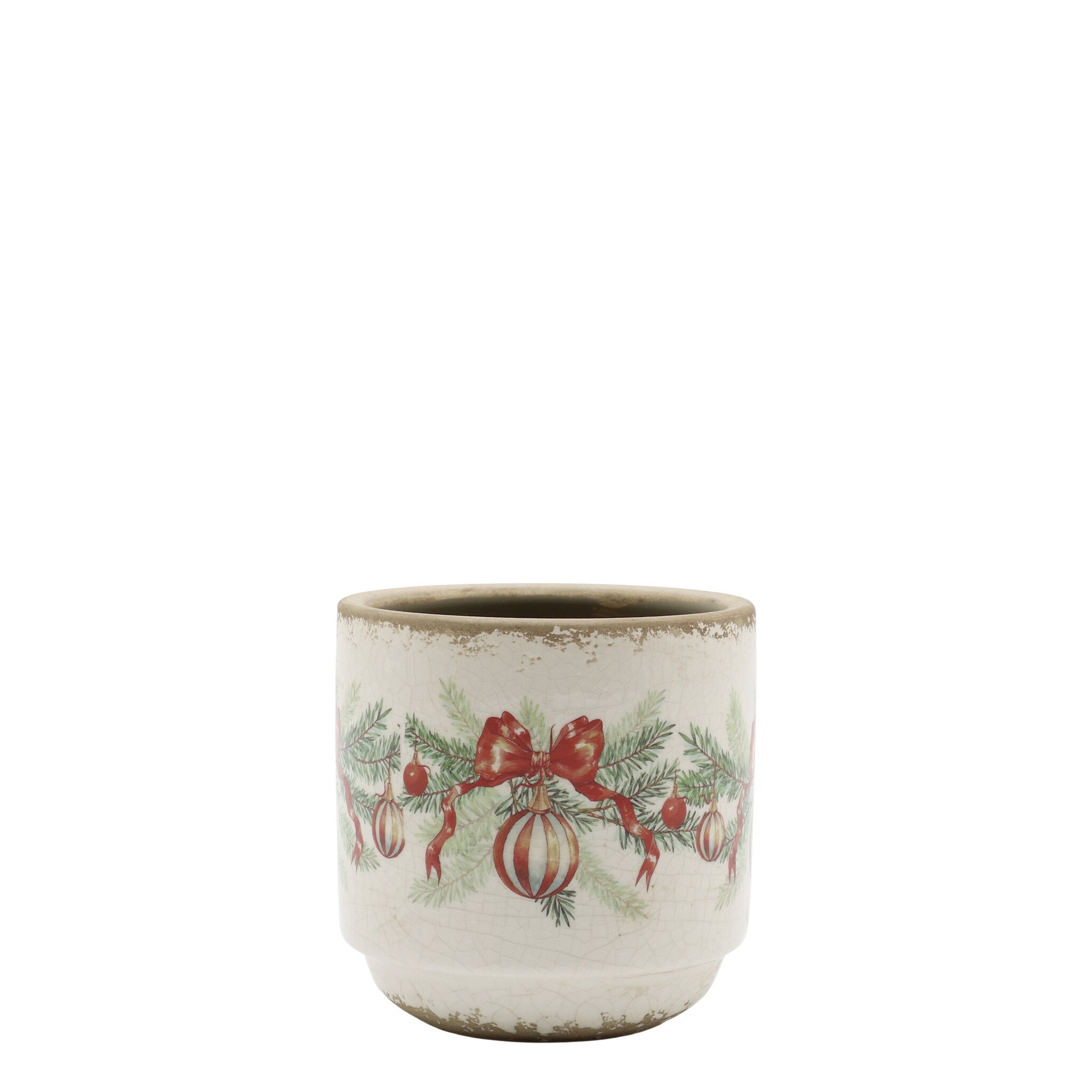 Übertopf mit Weihnachtskugel und Schleife aus Steingut