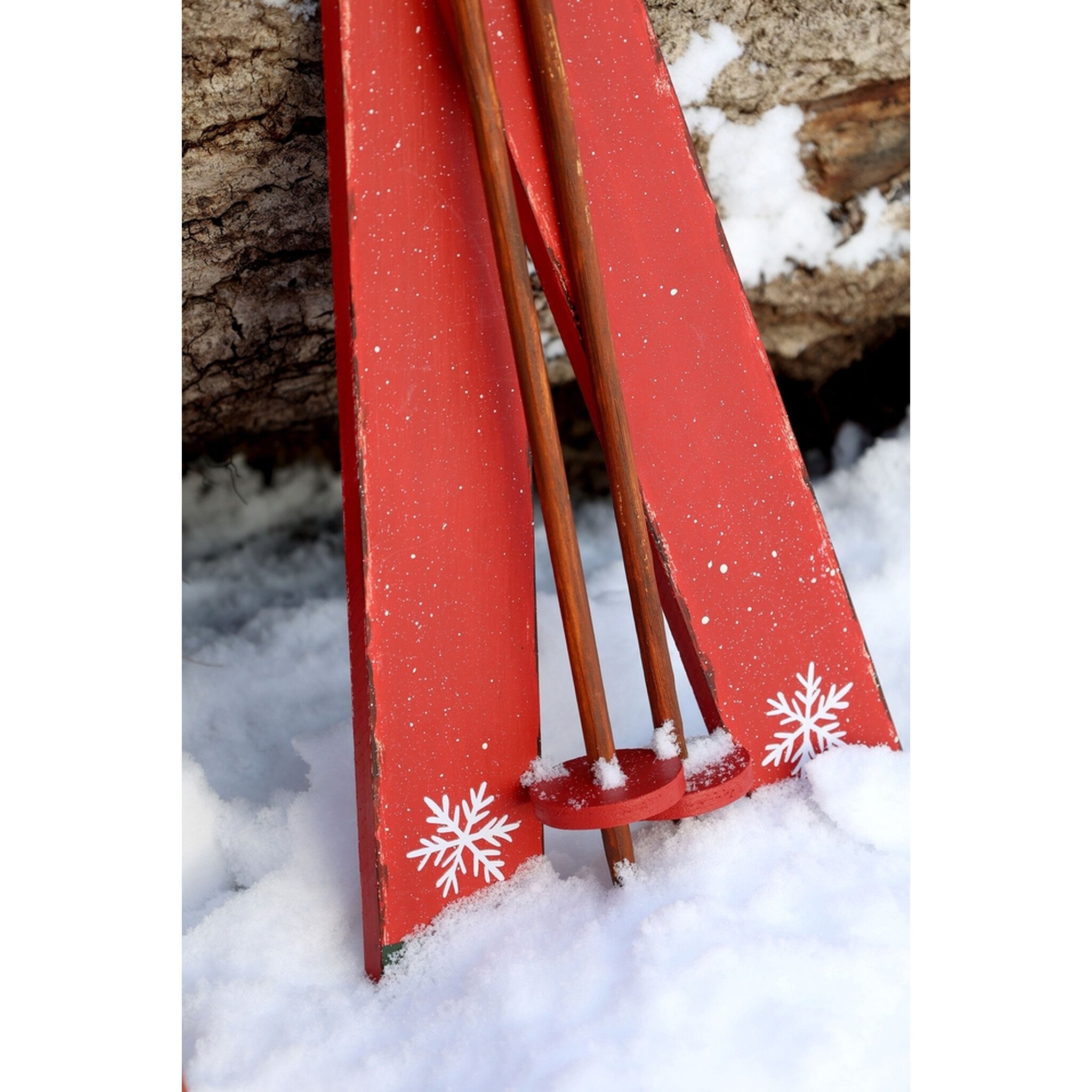Vintage Deko-Ski mit Skistöcken Antique Cherry