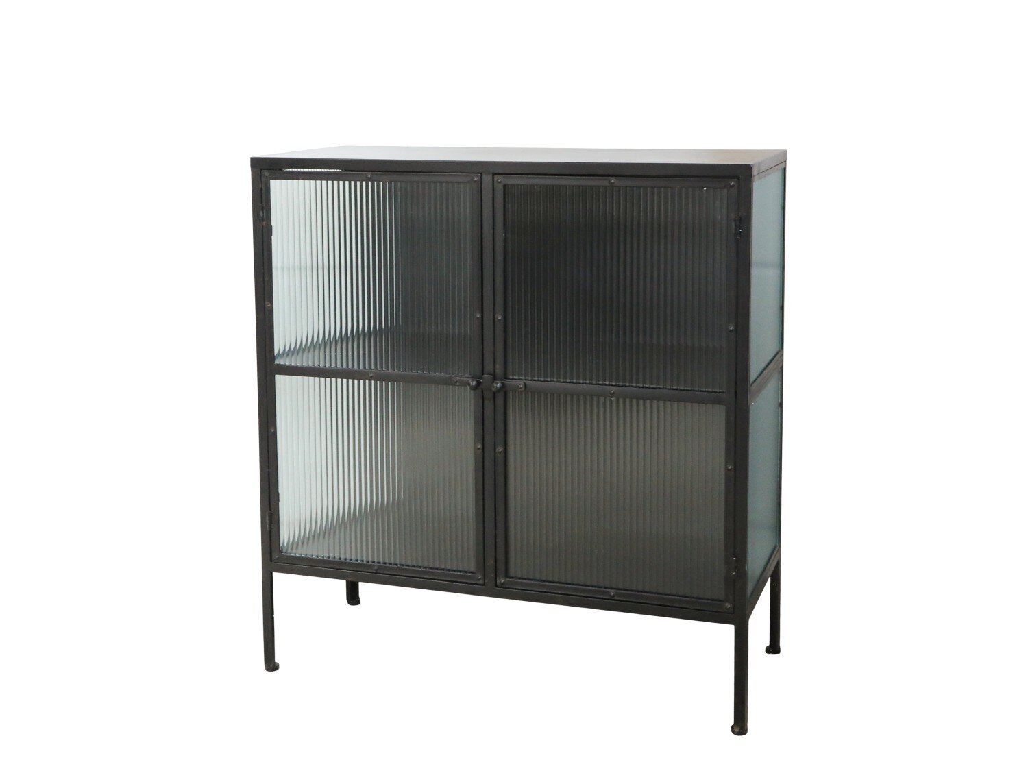 Vitrinenschrank aus Eisen mit gerillten Glastüren, schwarz 