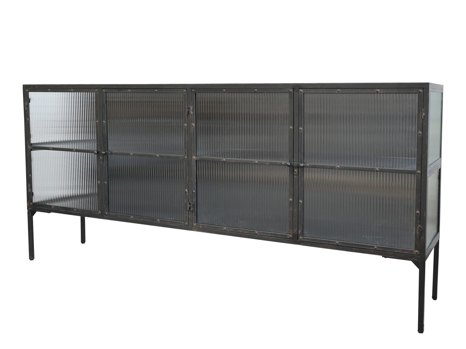 Vitrinenschrank mit gerillten Glastüren, antique schwarz 200 x 43,5 x 94 cm