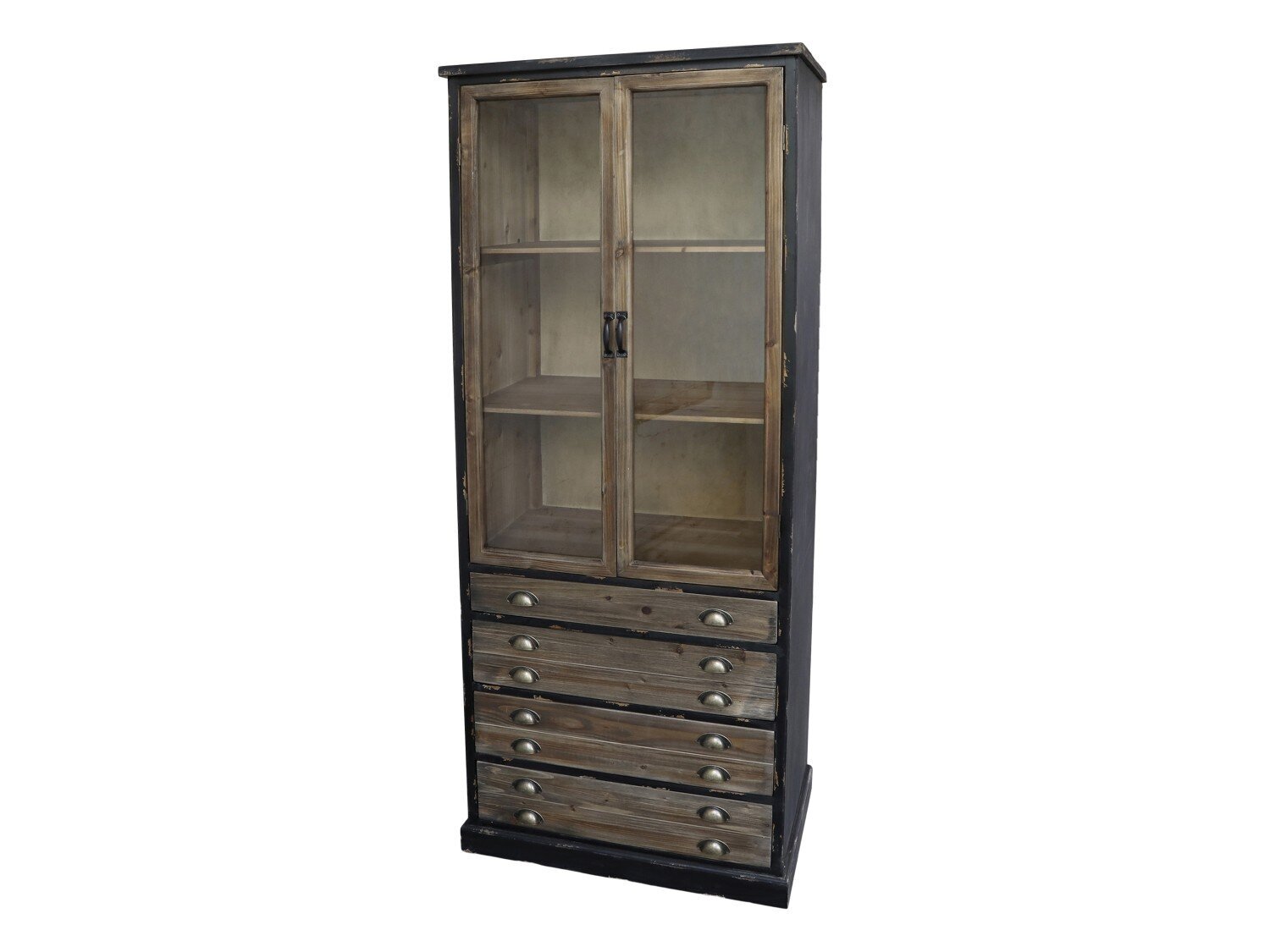 Vitrinenschrank mit Glastüren und 4 länglichen Schubladen, antique schwarz 