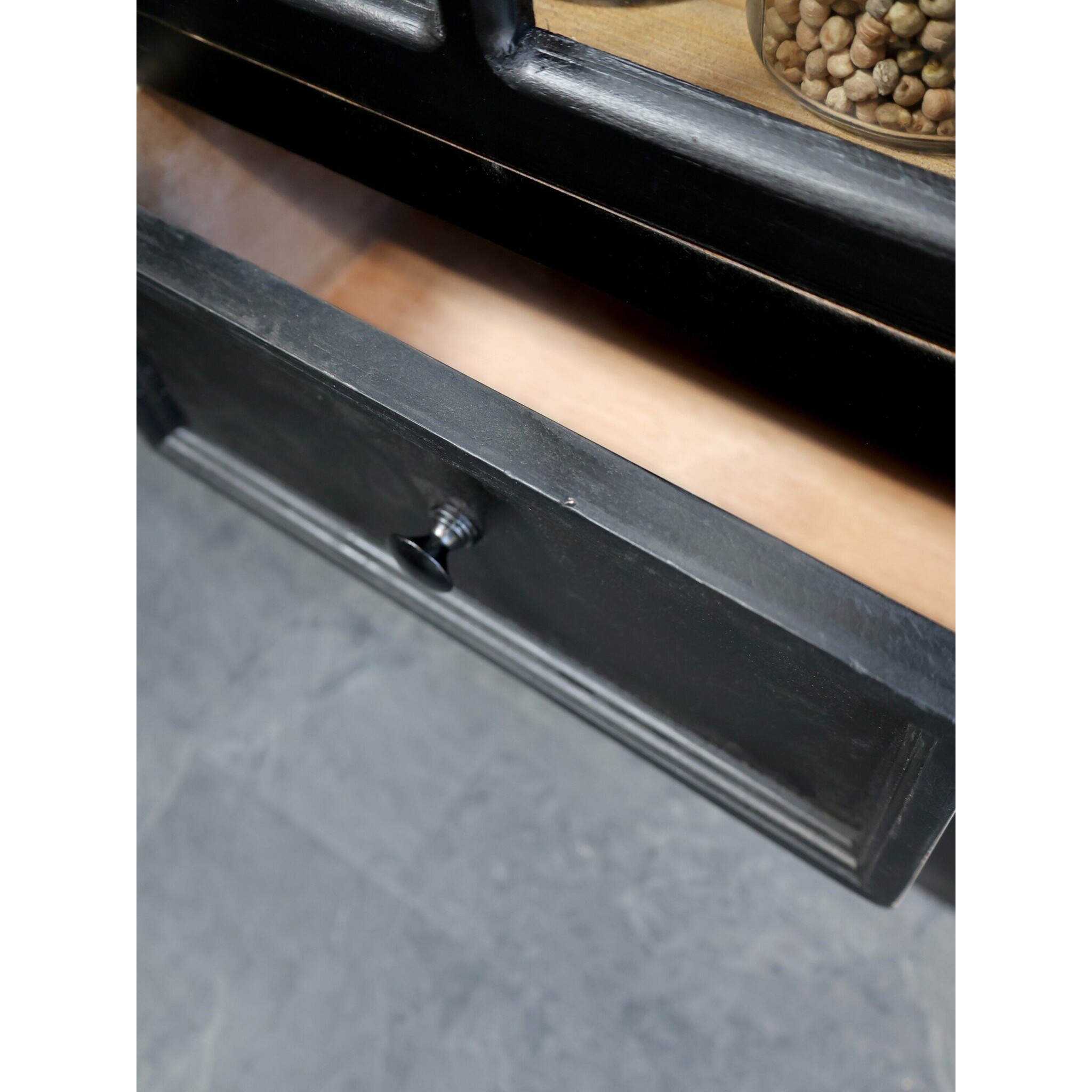 Landhaus Vitrinenschrank mit Glastüren und Schubladen, antique schwarz 
