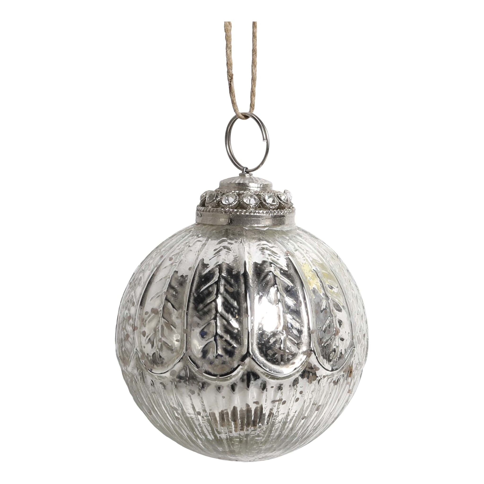 Weihnachtskugel mit Dekor und Strasssteinen, bauernsilber Höhe 9, Ø 8 cm