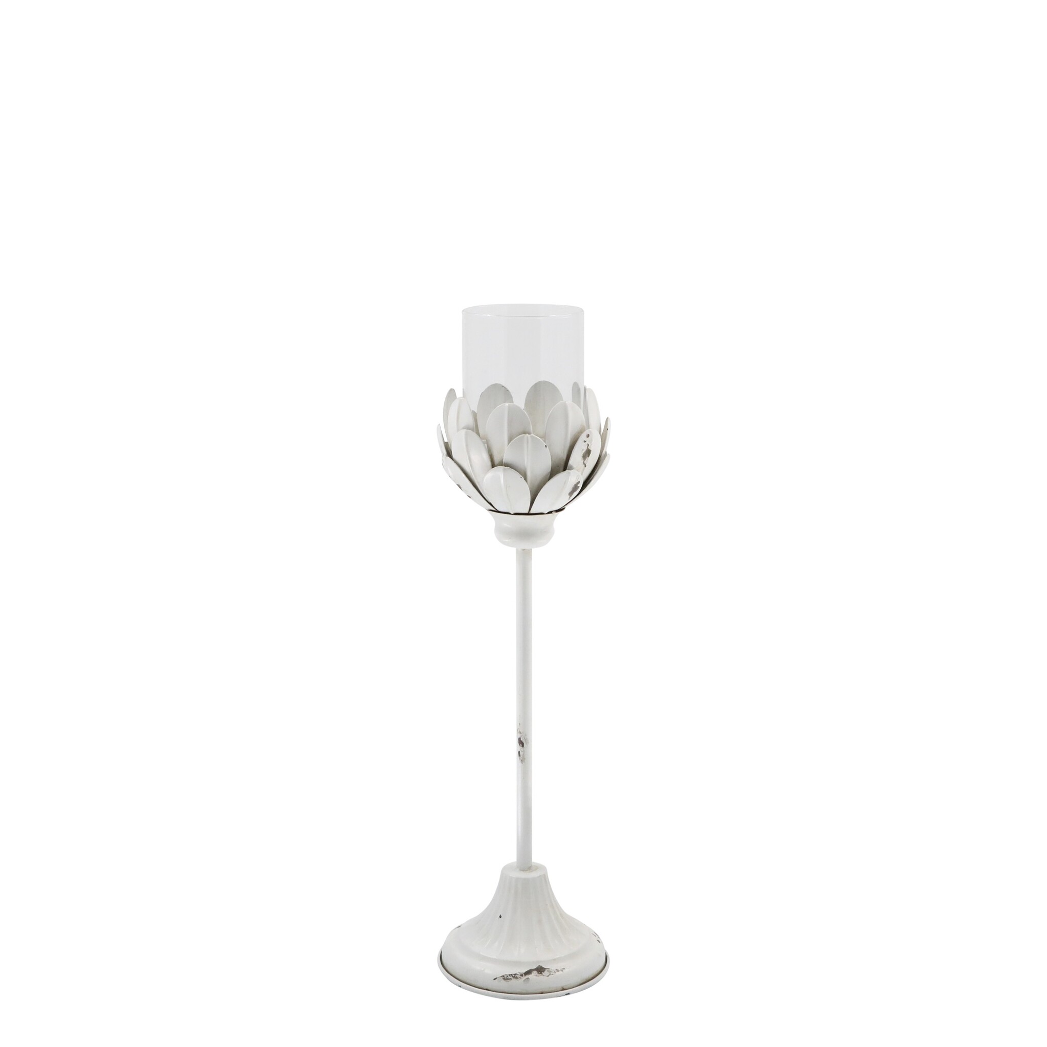 Weißes Vintage Windlicht auf Fuß, antique creme Höhe 43, Ø 12 cm
