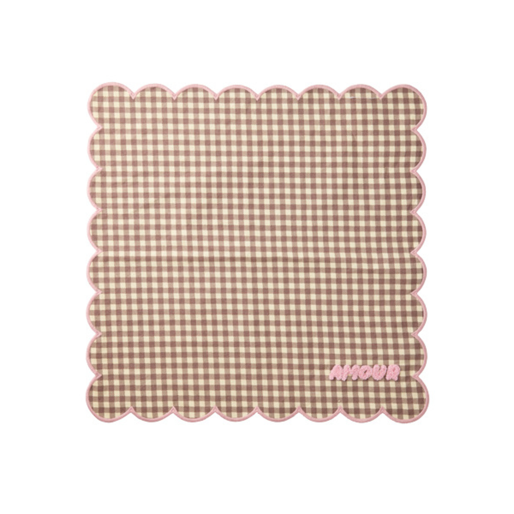 RICE Baumwoll-Serviette Karo Pink mit Wellenrand und Stickerei, pink 