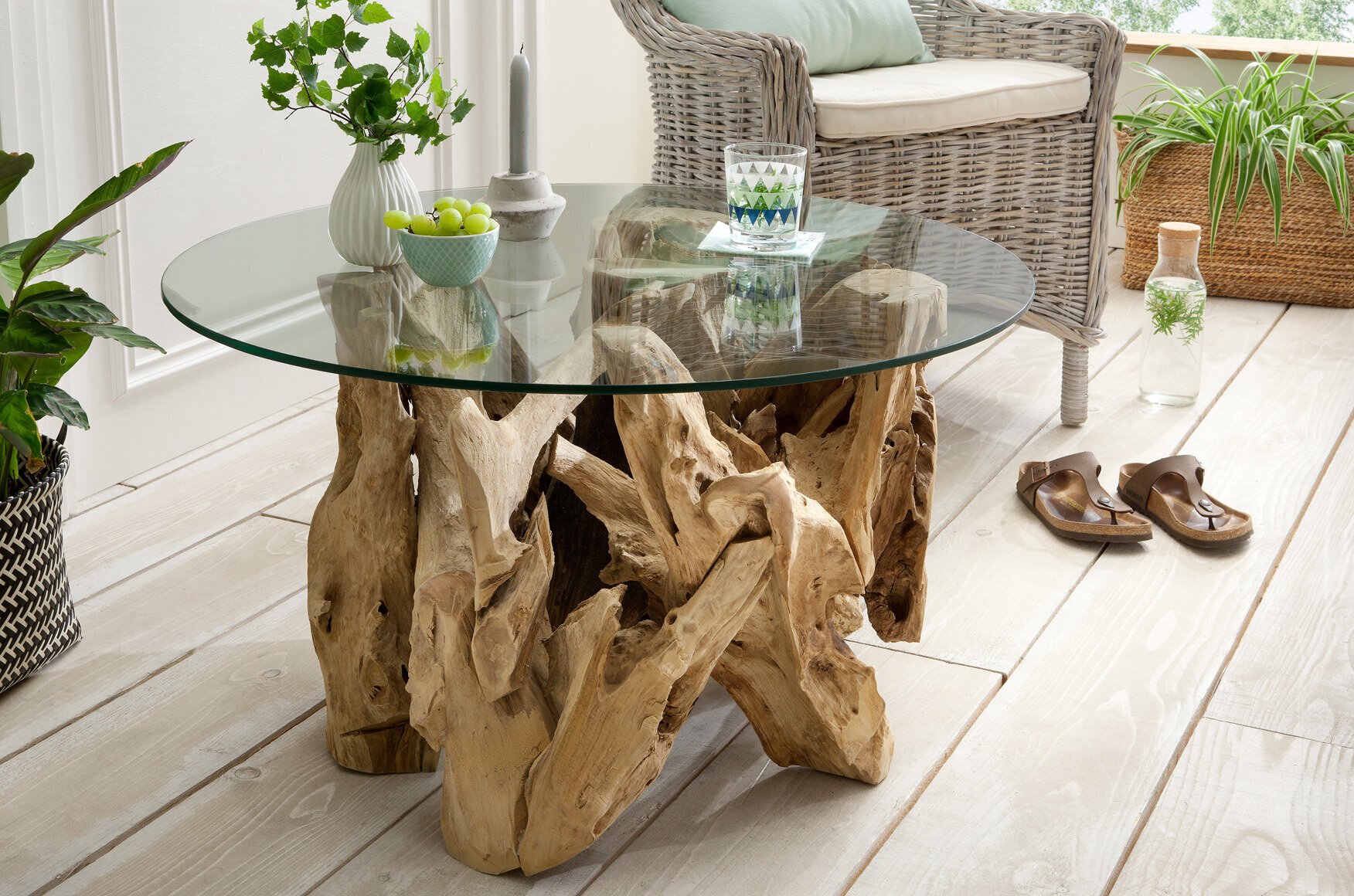 Couchtisch Java mit runder Glasplatte, braun 