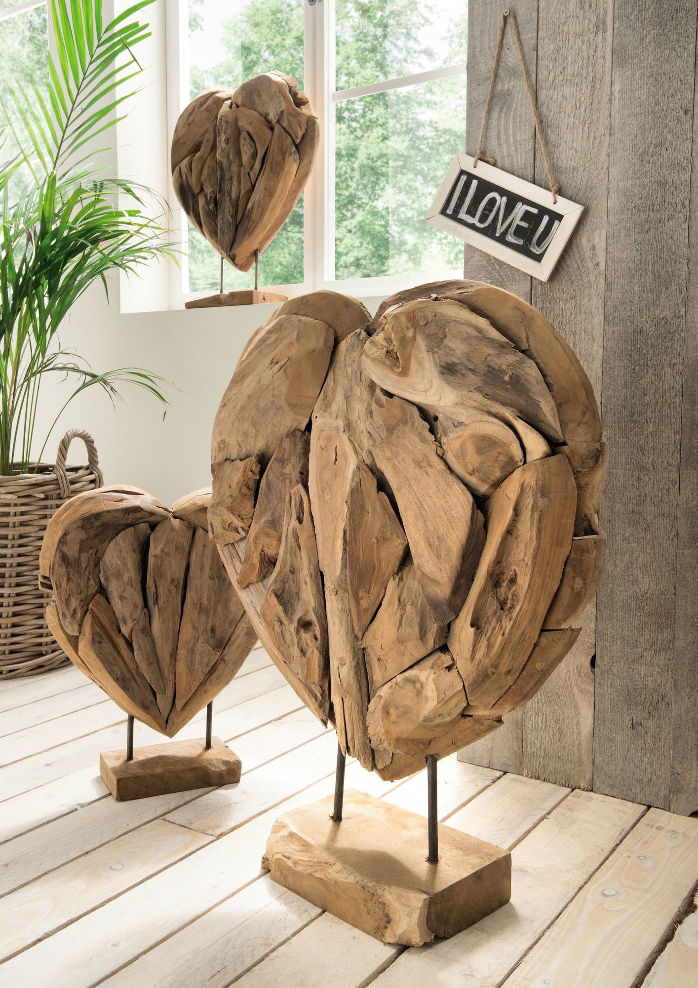 Deko-Herzen auf Ständer 3-er Set Teak-Holz, natur 