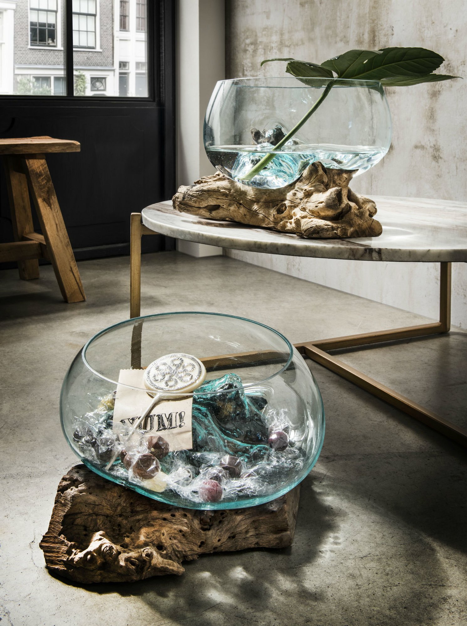 Unikat-Dekowurzel Teak mit Glasschale, natur 