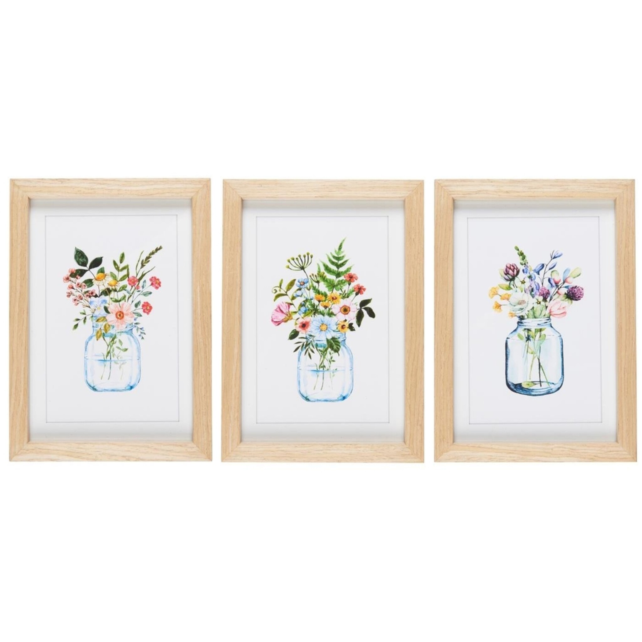3er Bilder-Set mit Blumenmotiv im Holzrahmen, natur 