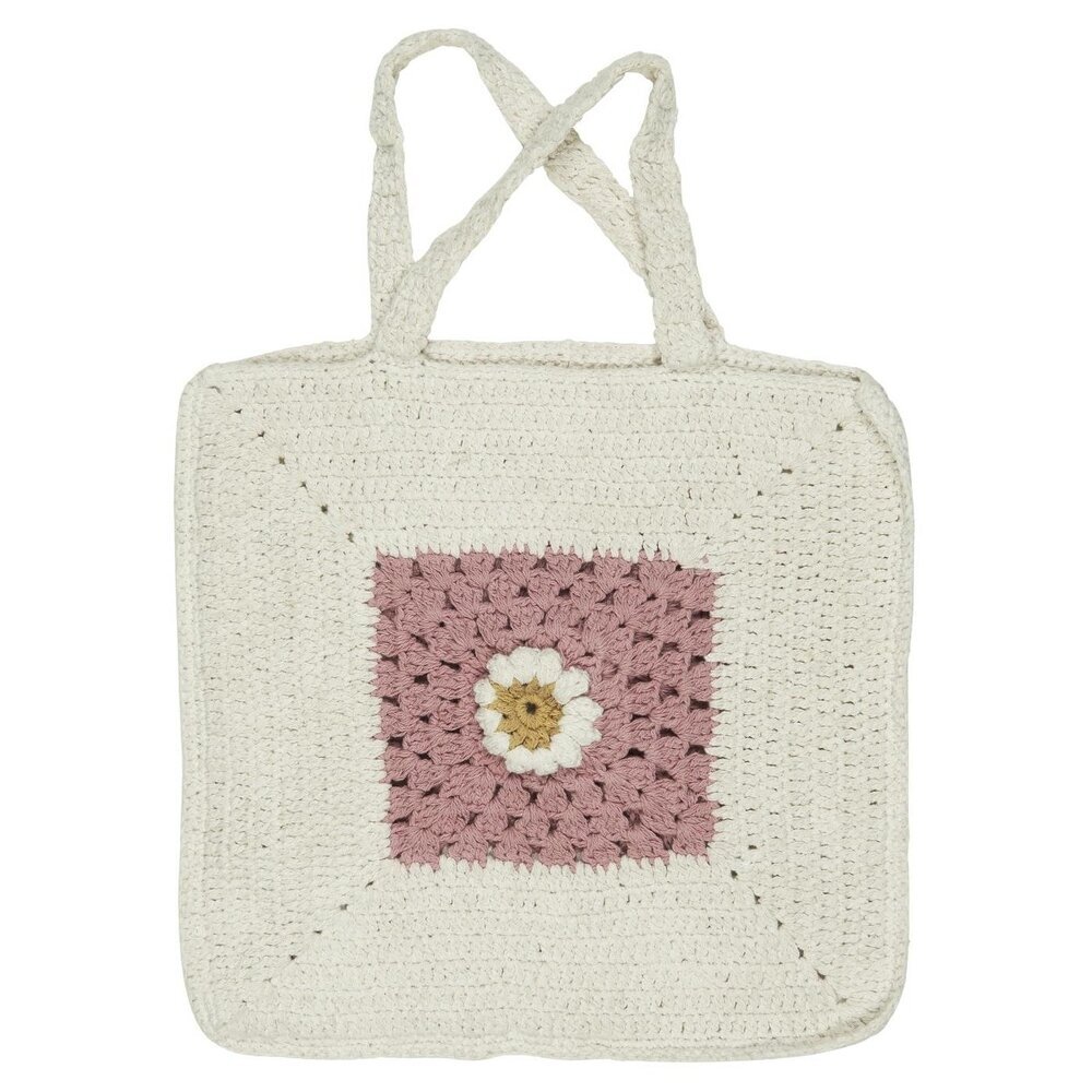 Gehäkelte Tasche Coral Almond mit Blume, creme 