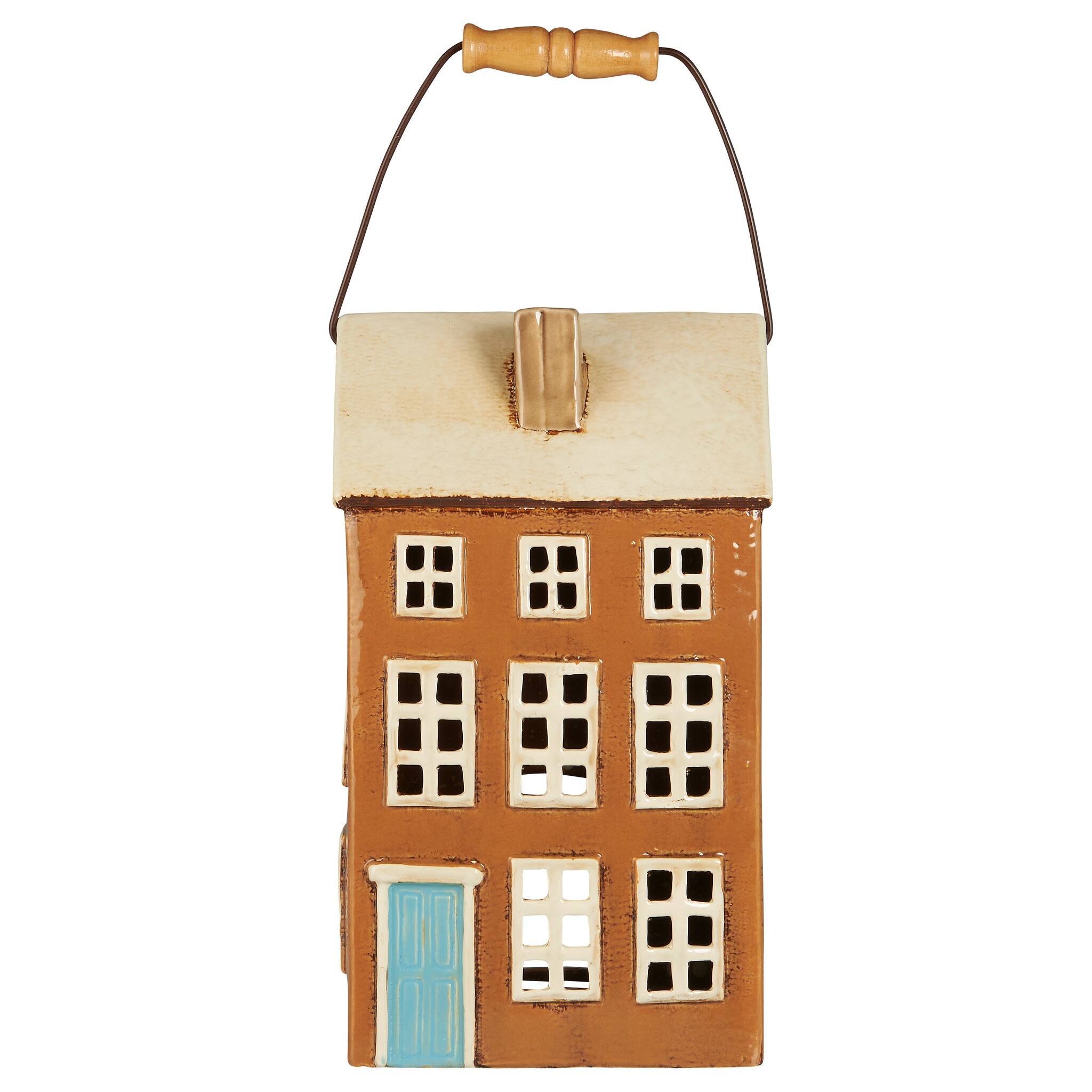 Keramik Haus für Stumpenkerze Nyhavn mit Holzgriff, braun 