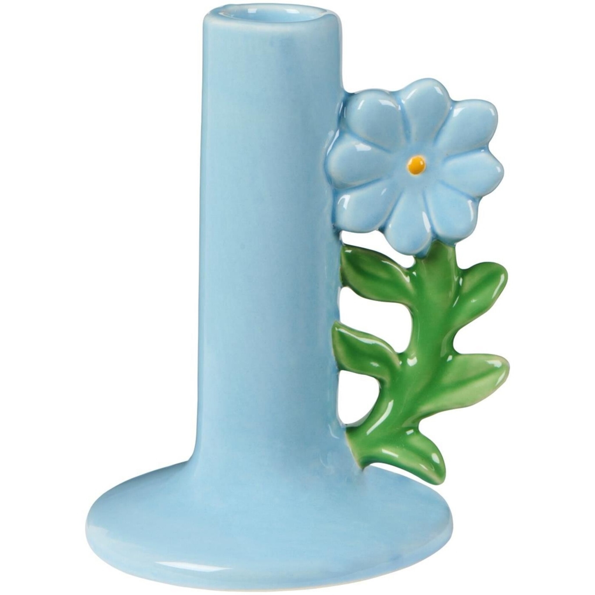 Keramik Kerzenhalter Retro mit Blumen-Detail, hellblau 