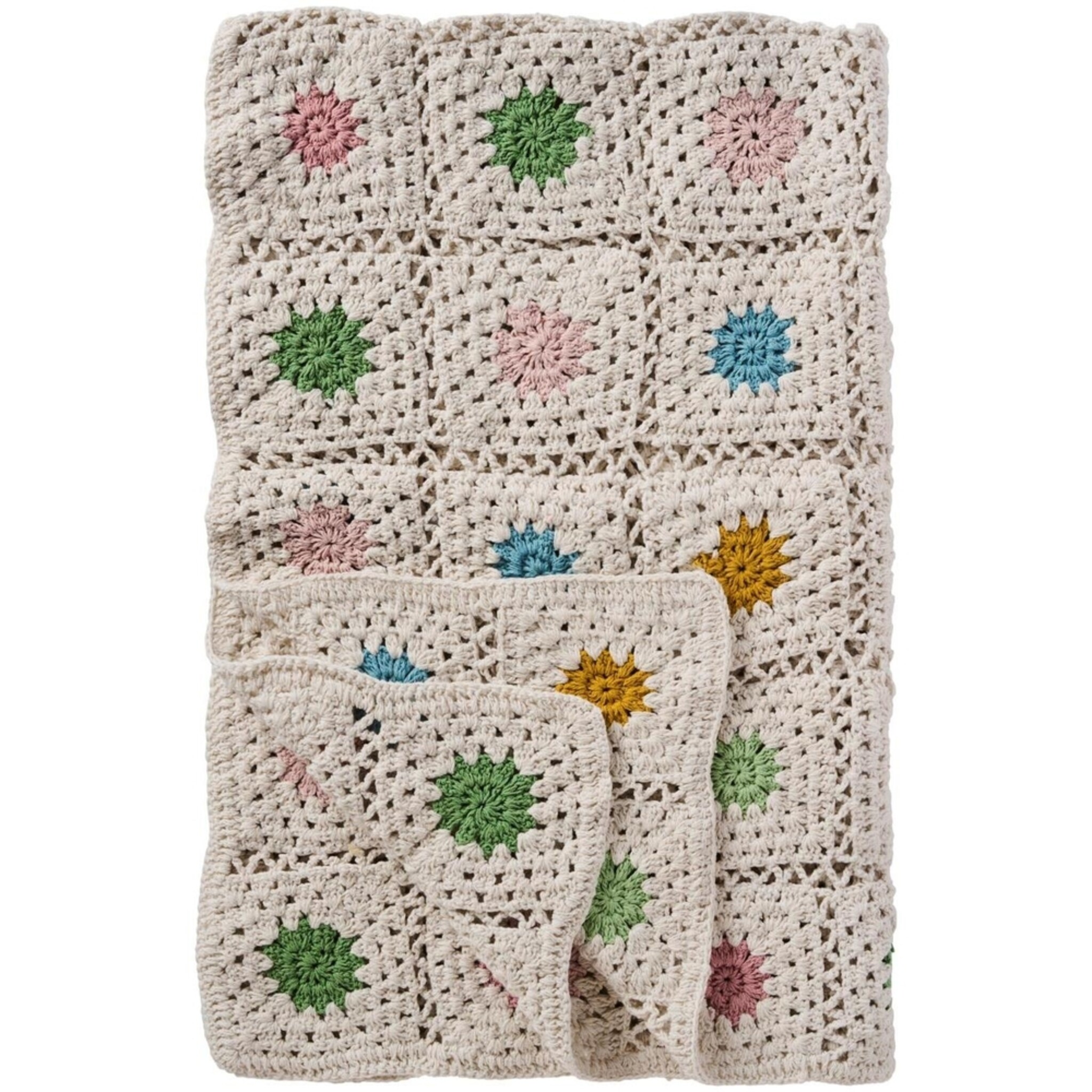 Häkelplaid Blumenwiese aus Baumwolle, creme 