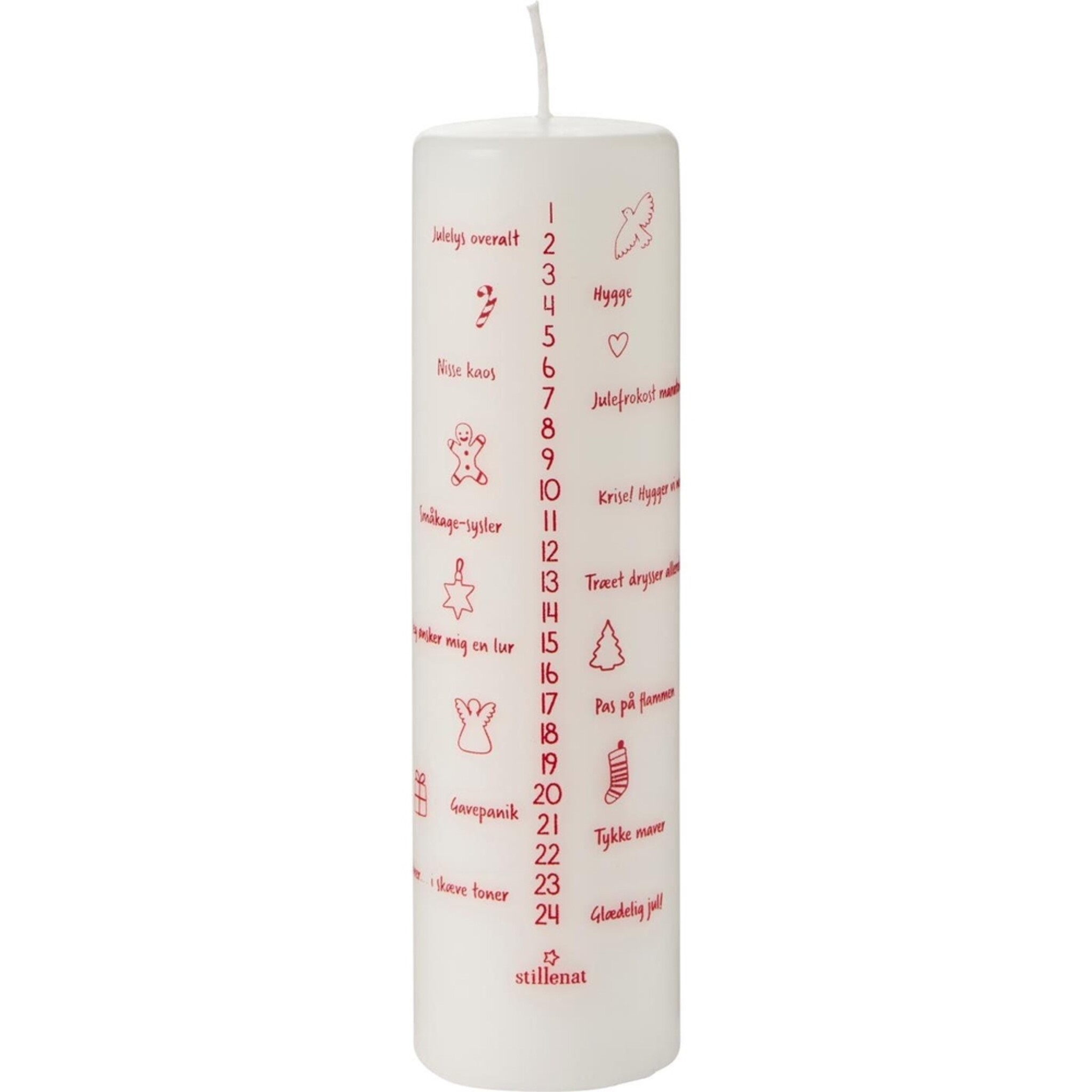 Weihnachtskerze 1-24 weiß mit Zahlen und dänischem Text, weiss 