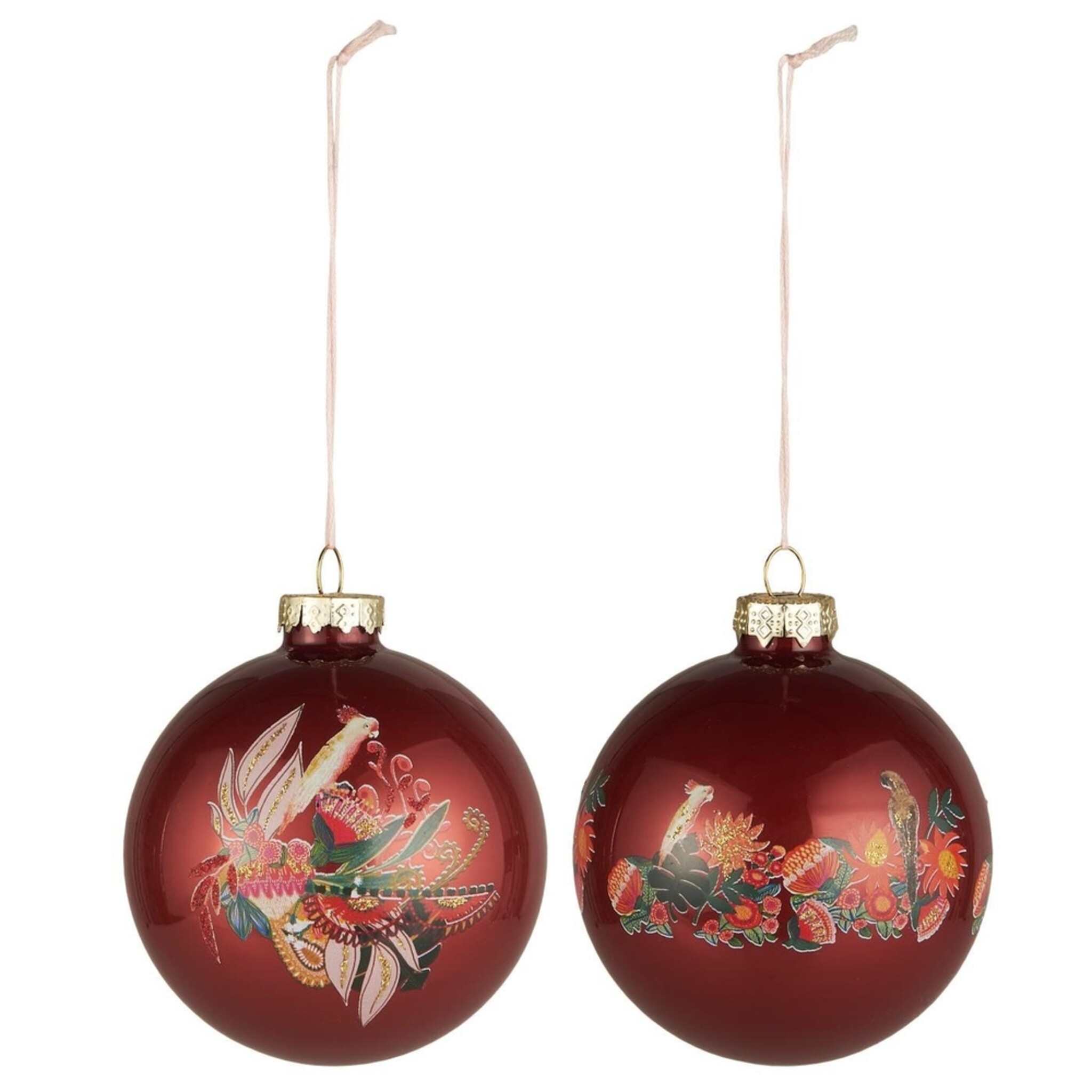Weihnachtskugel 2er-Set mit Papageienmotive, rotbraun 
