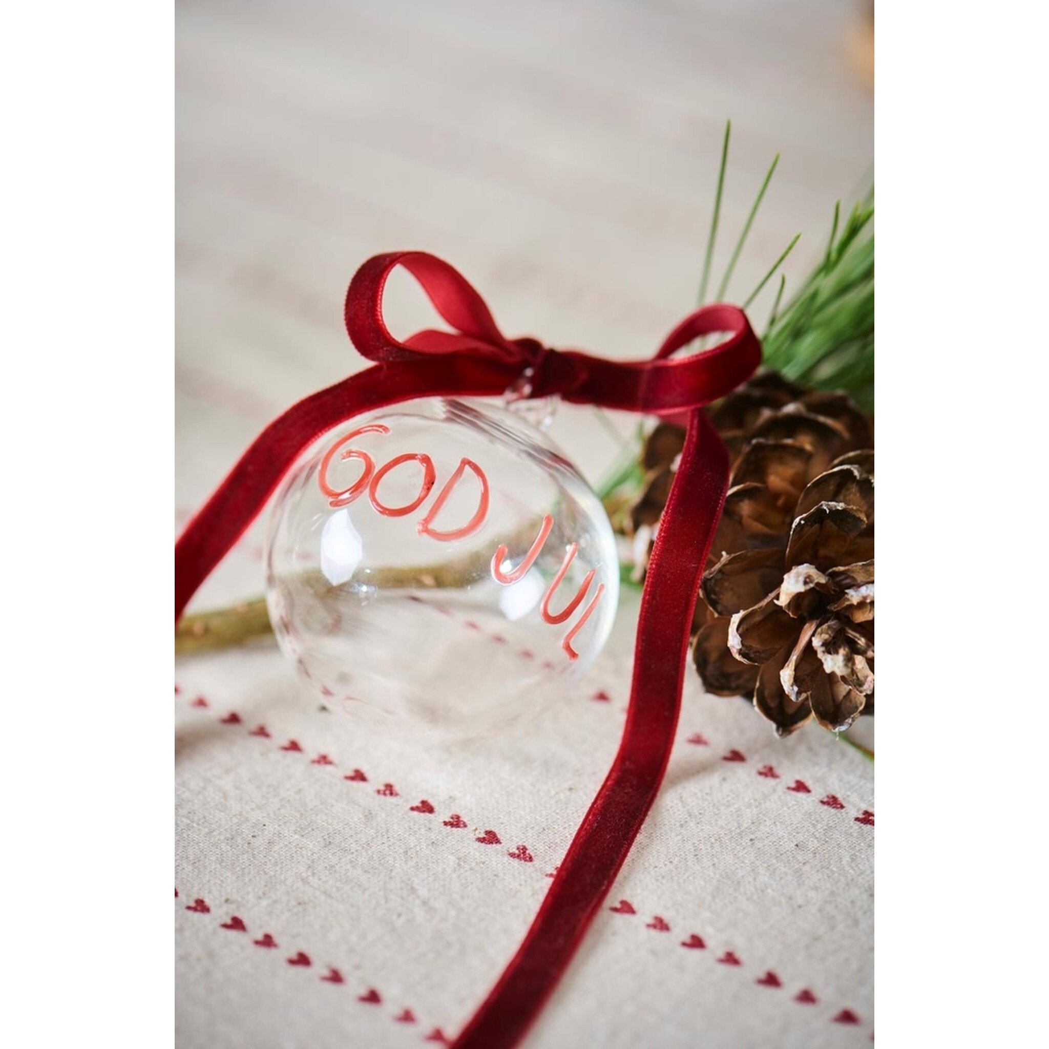 IB Laursen Weihnachtskugel Klarglas mit roter Schrift GOD JUL