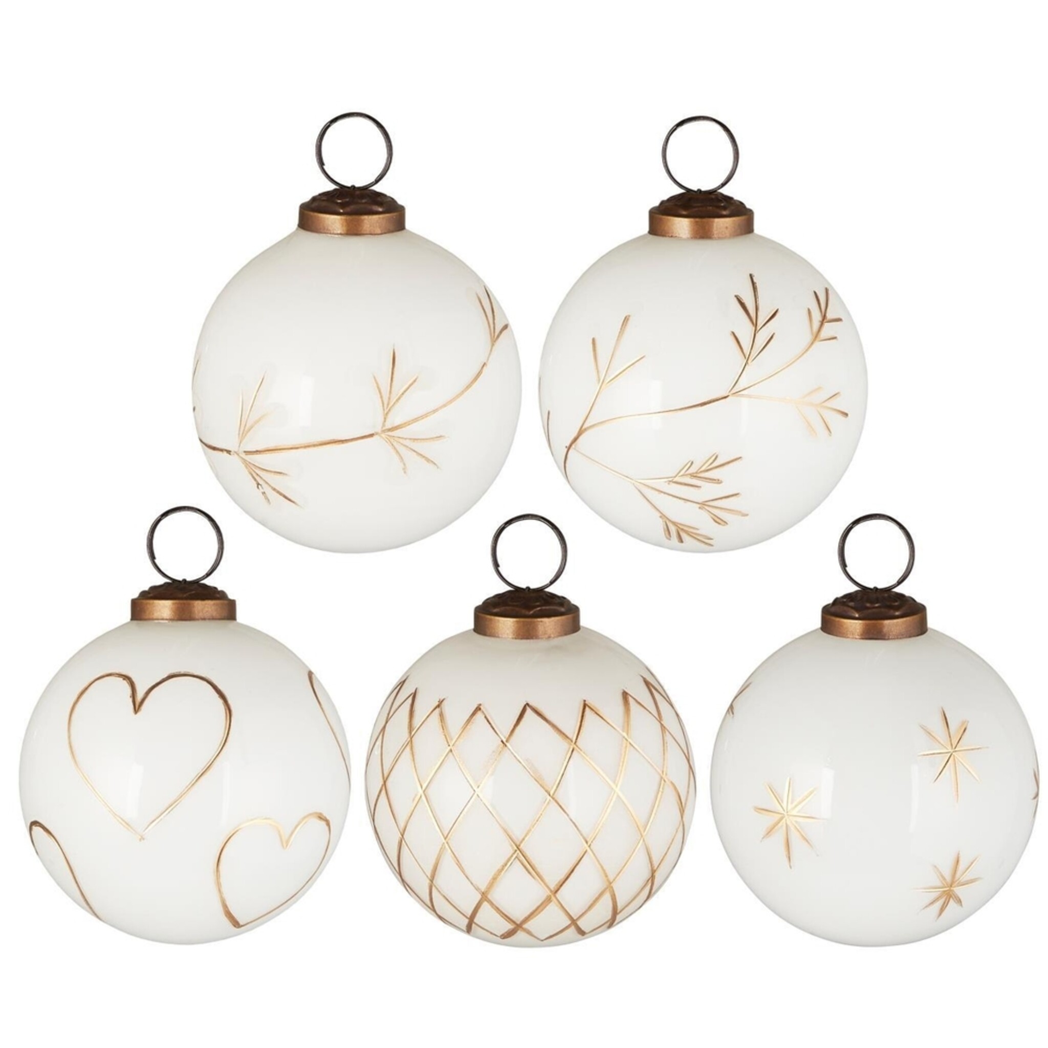 Große Weihnachtskugeln 5er-Set mit goldfarbener Eingravierung, weiss Höhe 8.5, Ø 7.6 cm