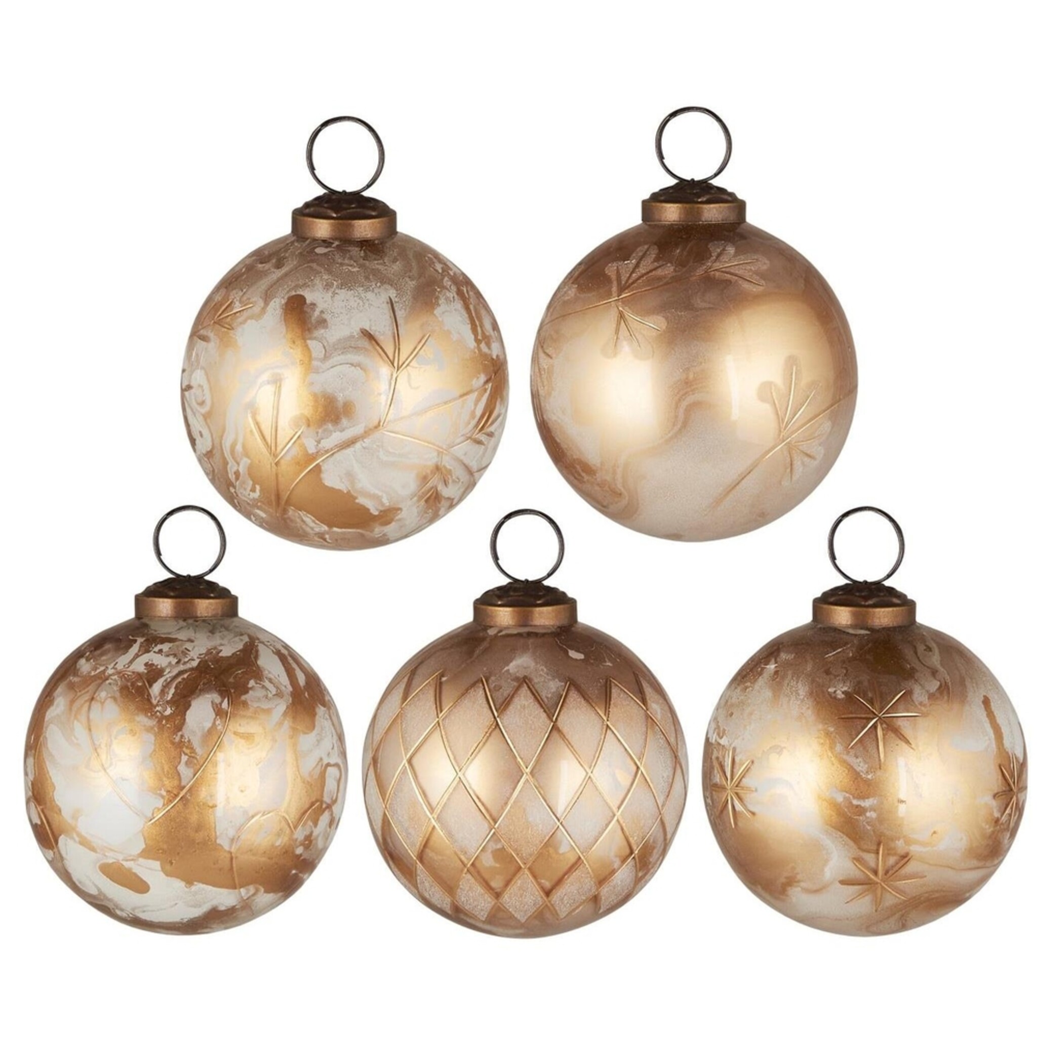 Große Weihnachtskugeln 5er-Set mit goldfarbener Eingravierung, messing Höhe 8.5, Ø 7.6 cm
